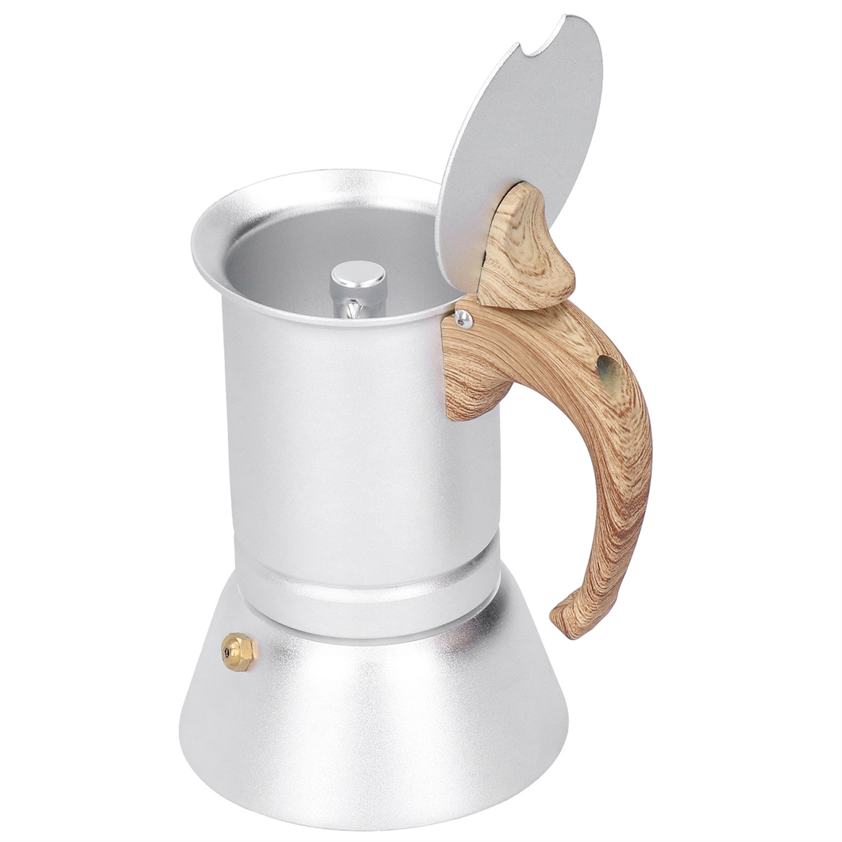 Ein silberner Espressokocher mit Holzgriff, mit geöffnetem Deckel.