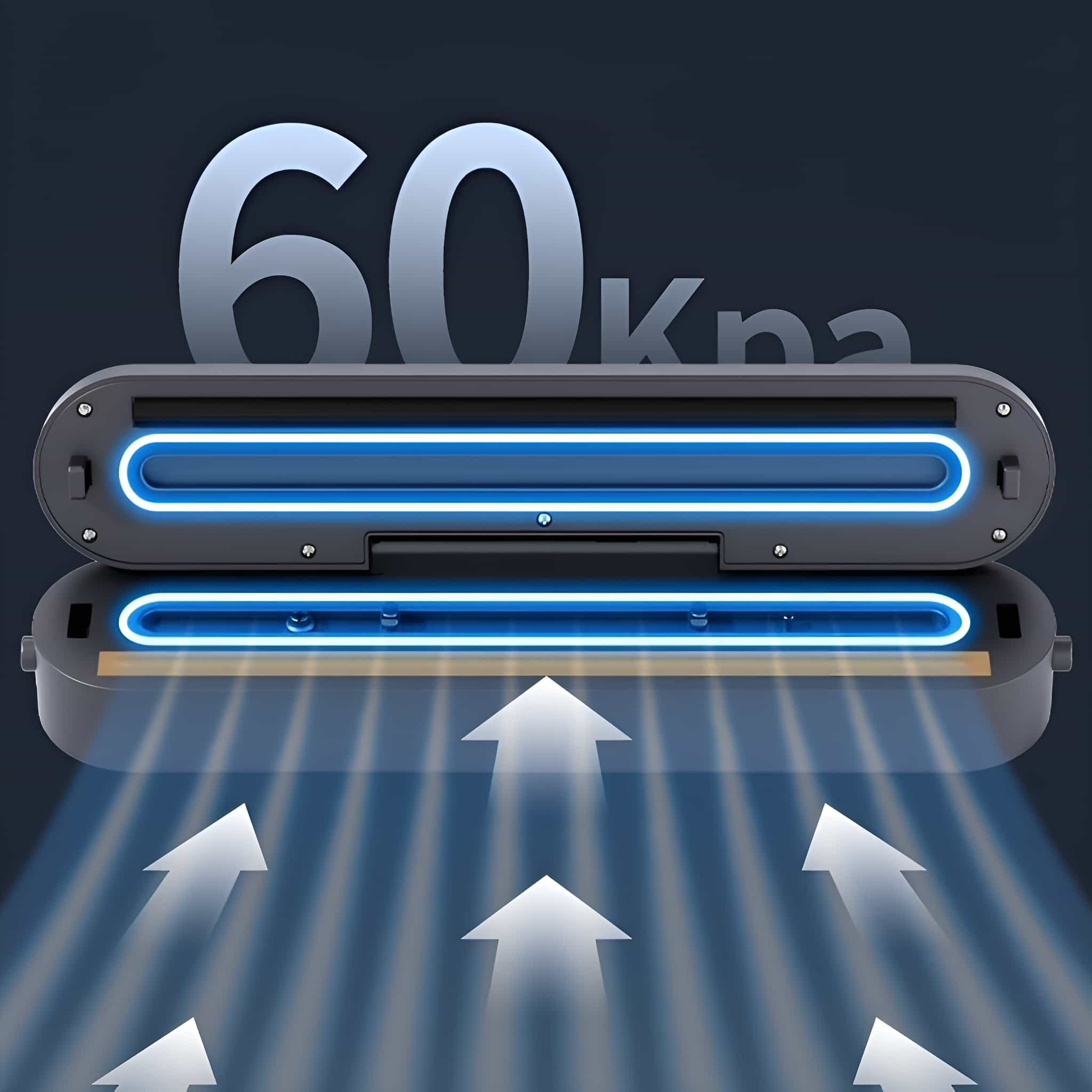 Vakuumiergerät mit blauen Lichtern und weißen Pfeilen. Der Text "60 kpa" steht über dem Gerät.