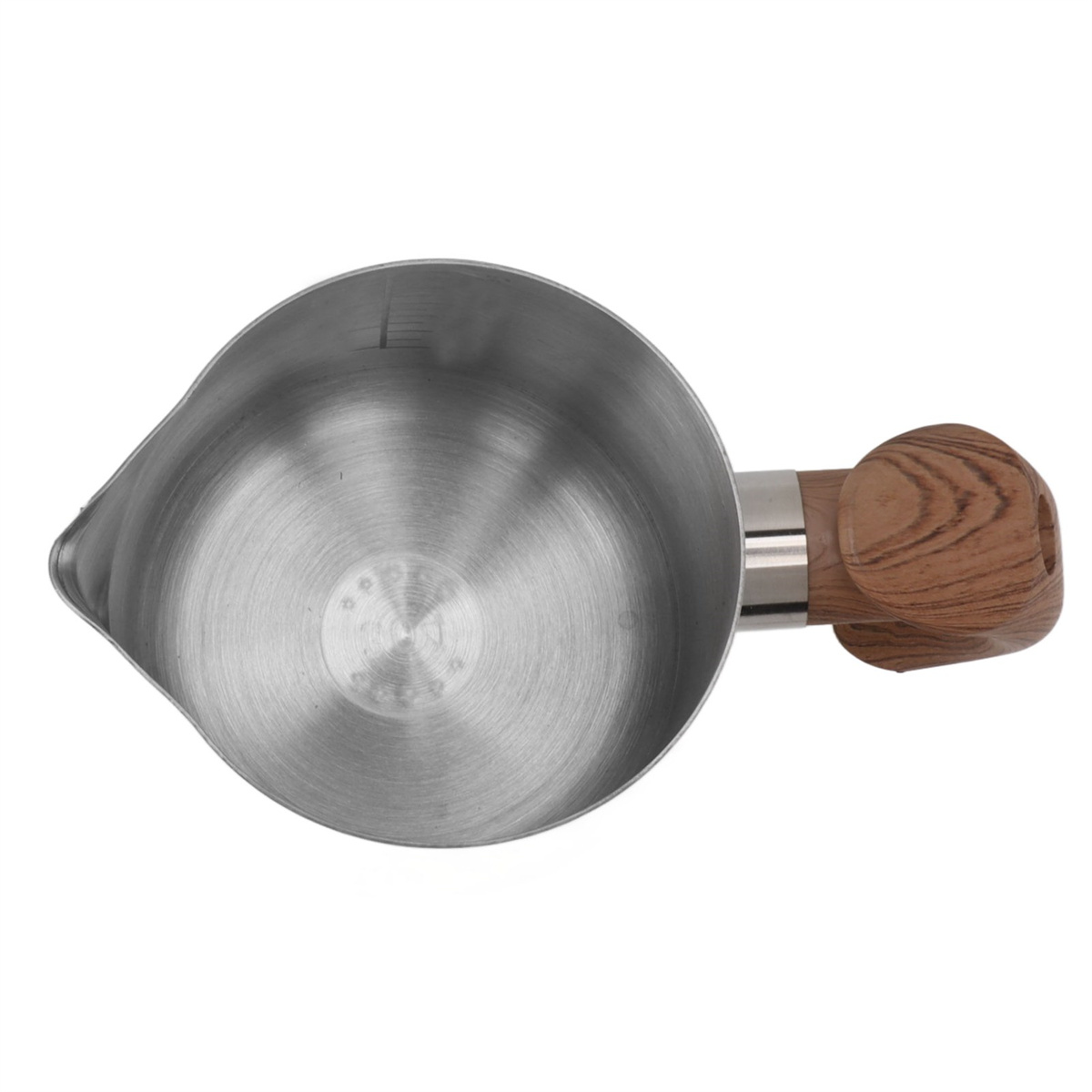 Draufsicht auf einen Milchaufschäumer aus Edelstahl mit Holzgriff.
