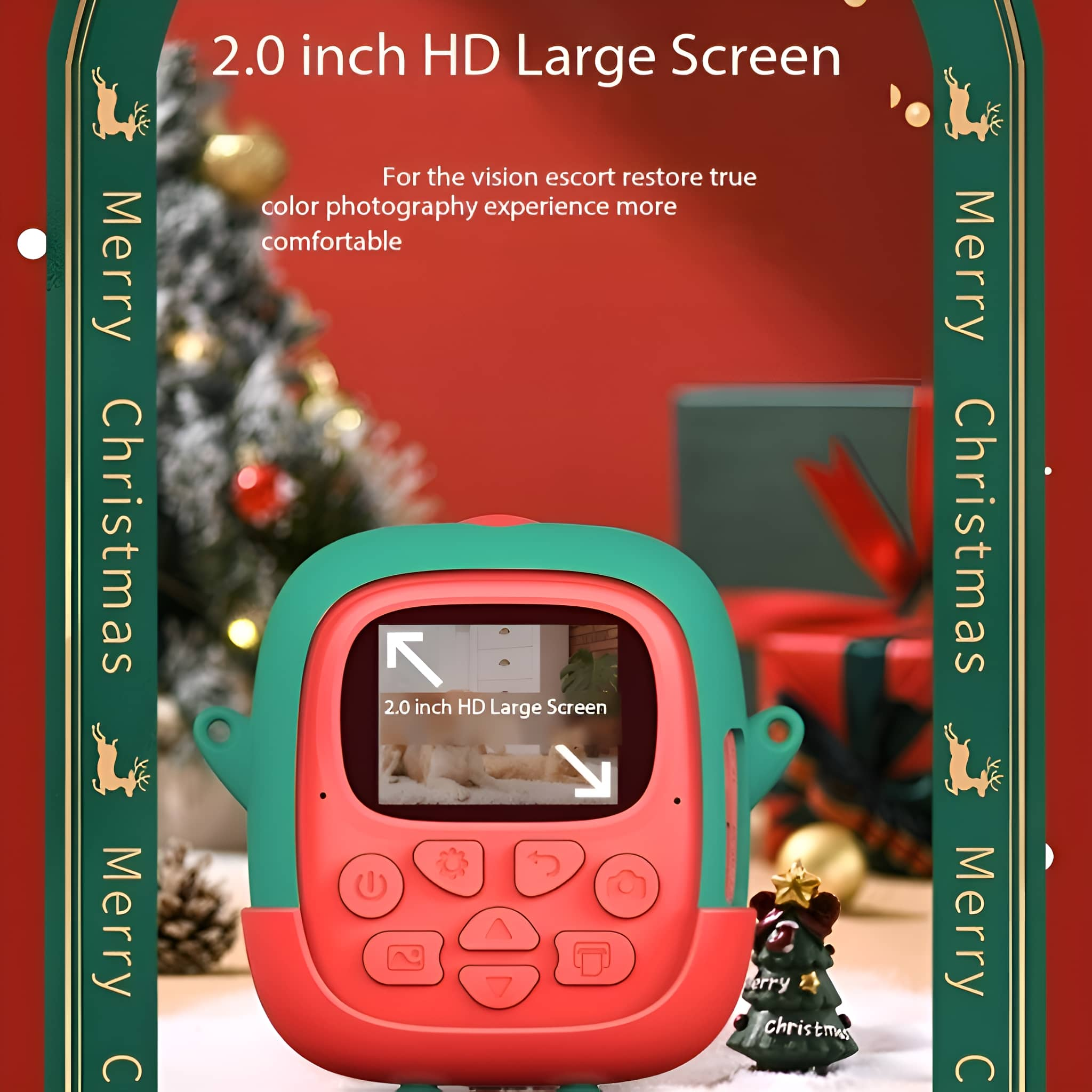Eine rot-grüne Kamera mit Bildschirm. Text auf dem Bildschirm: 2,0 Zoll HD-Großbildschirm, Frohe Weihnachten.