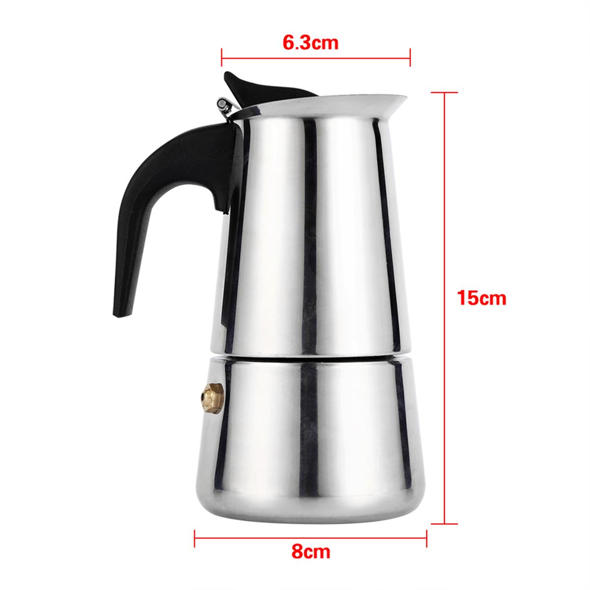 Silberner Espressokocher mit Maßangaben: 6,3 cm breit, 15 cm hoch und 8 cm am Boden.