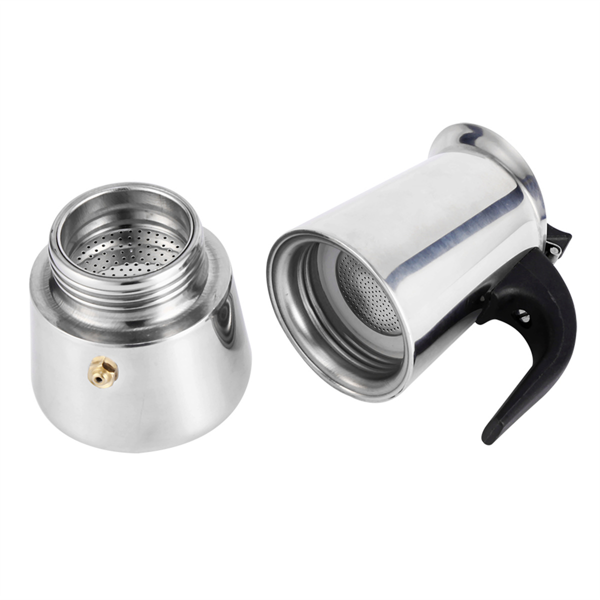 Espressomaschine aus Edelstahl, in drei Teile zerlegt. Schwarzer Griff.