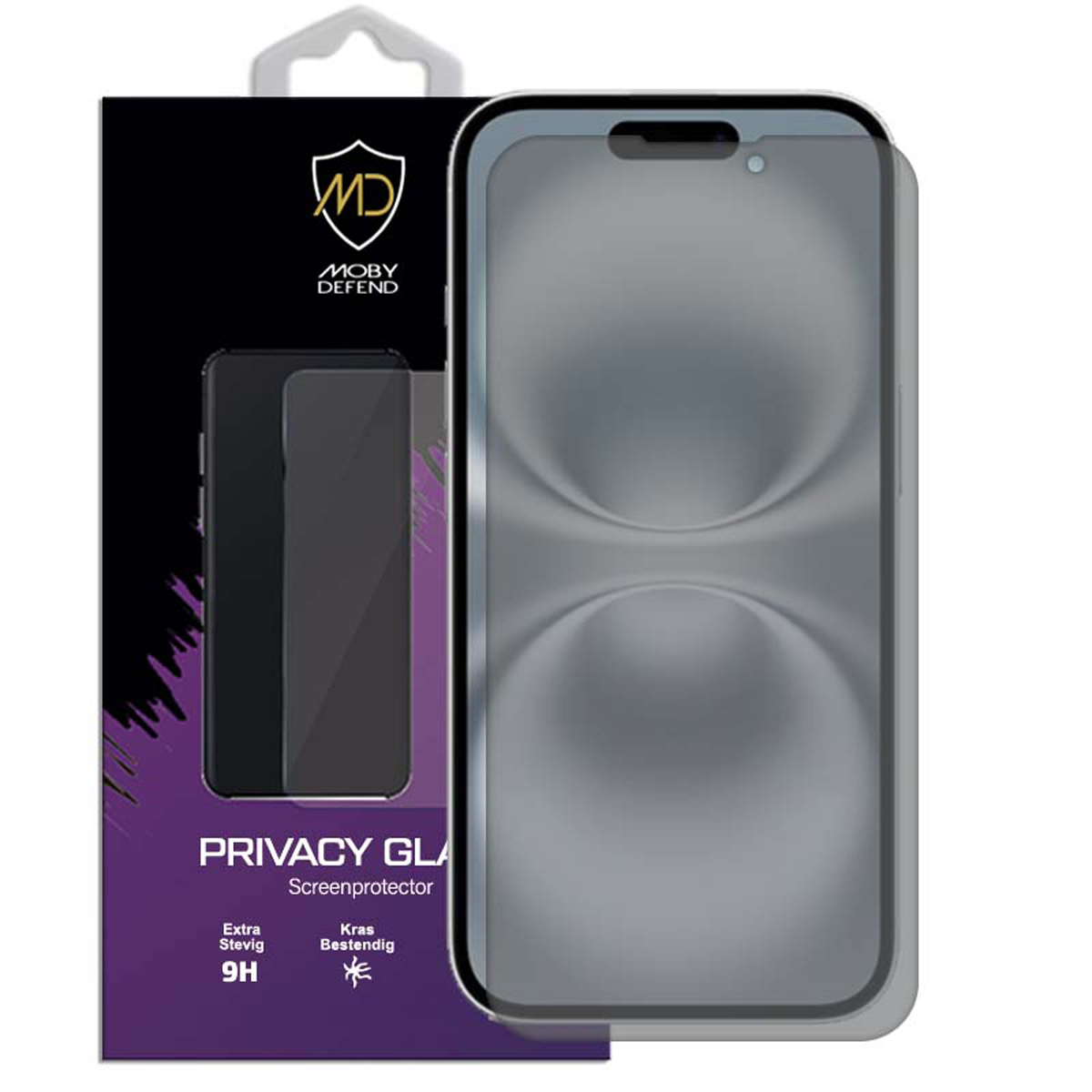 Een schermbeschermer voor een telefoon in een doos. De doos toont een telefoon en details zoals 'PRIVACY GLASS'.