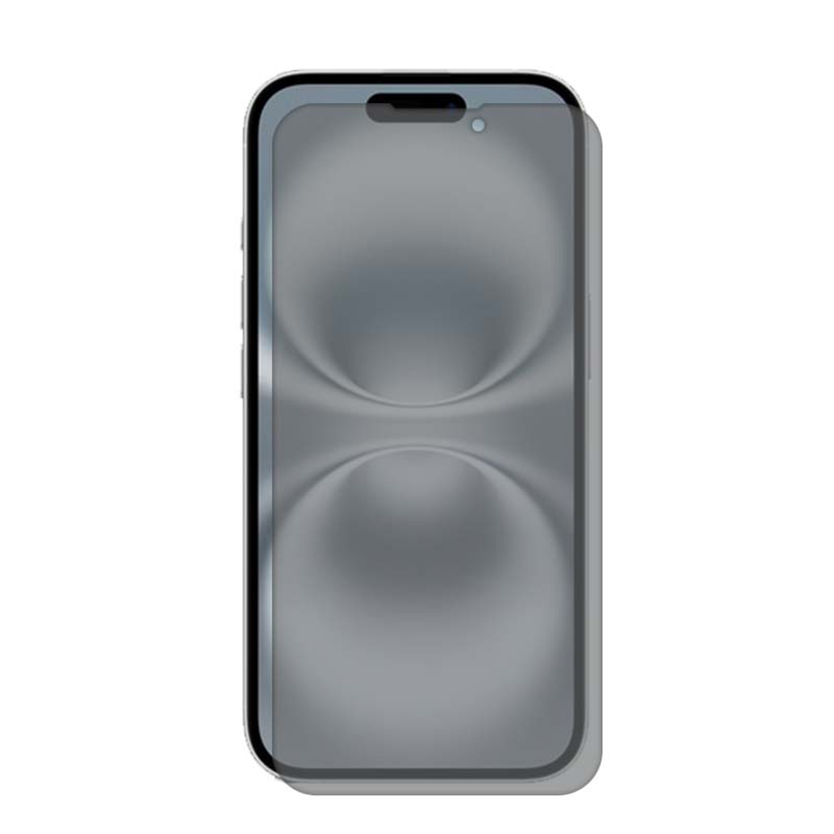 Telefoon met screenprotector erop. Grijs scherm. Zwart frame met camera-uitsparing.
