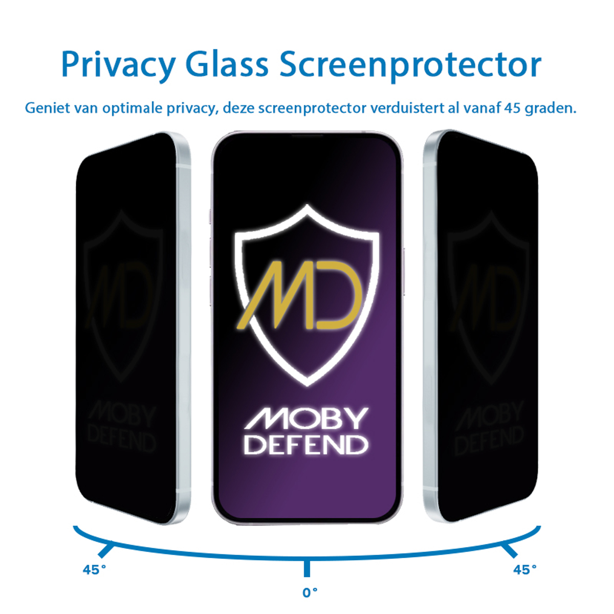 Drie telefoons met screenprotectors. Tekst: Privacy Glass Screenprotector. Moby Defend logo op het scherm.