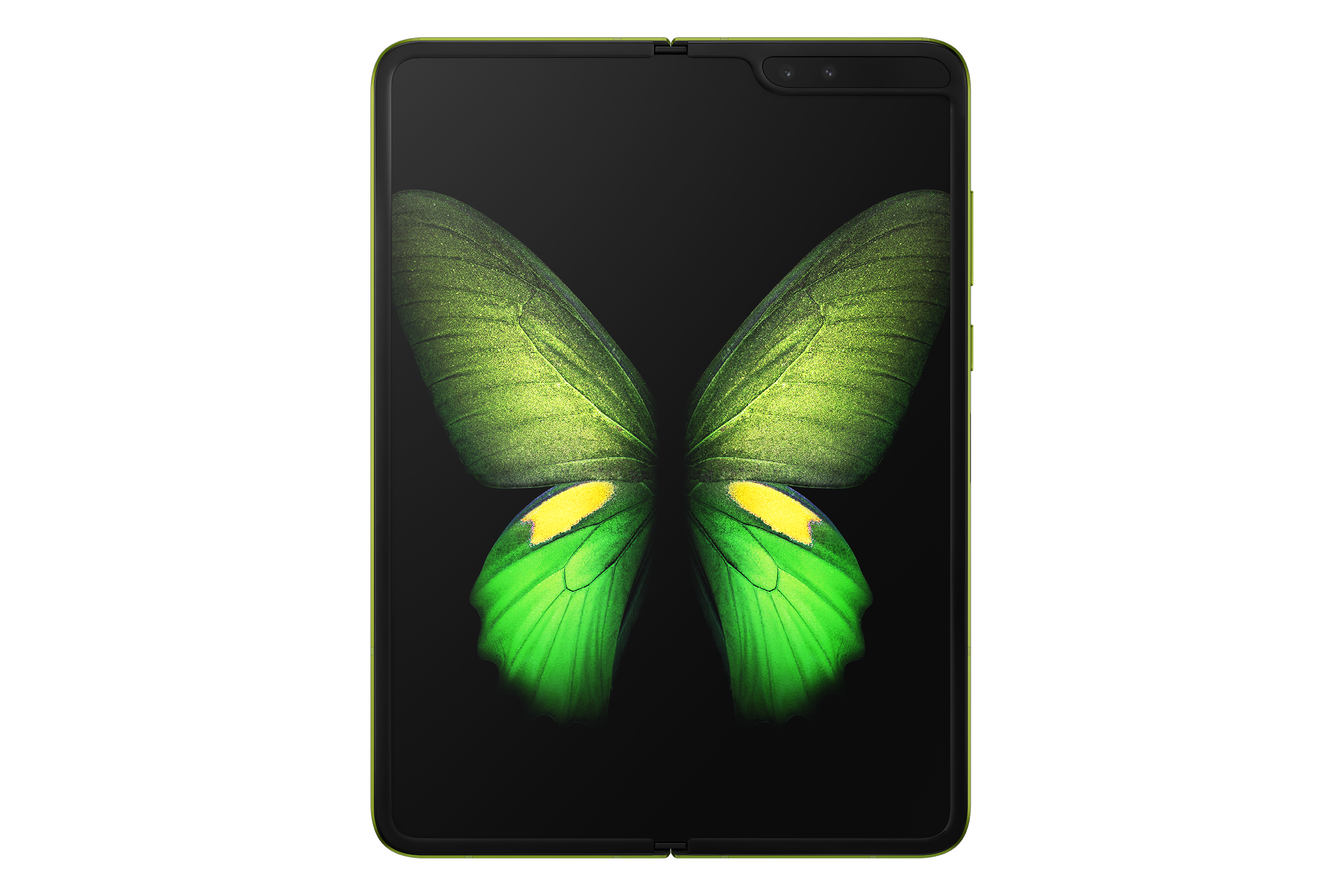 Ein faltbares Tablet mit einem Bildschirm, der eine grüne Schmetterlingsgrafik zeigt.