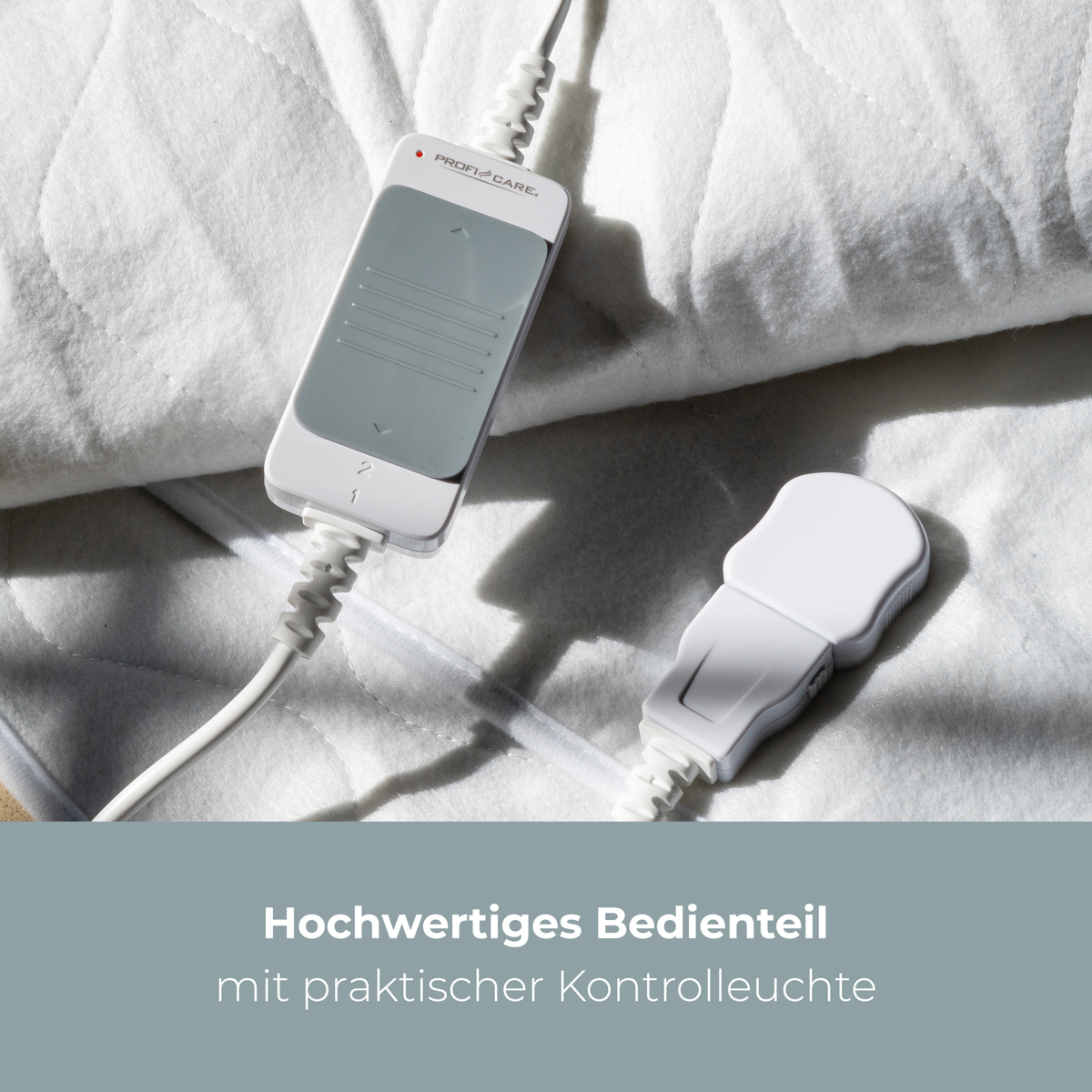 Sterowanie kocem elektrycznym z przyciskami i światłami; tekst: 'Wysokiej jakości sterowanie'.