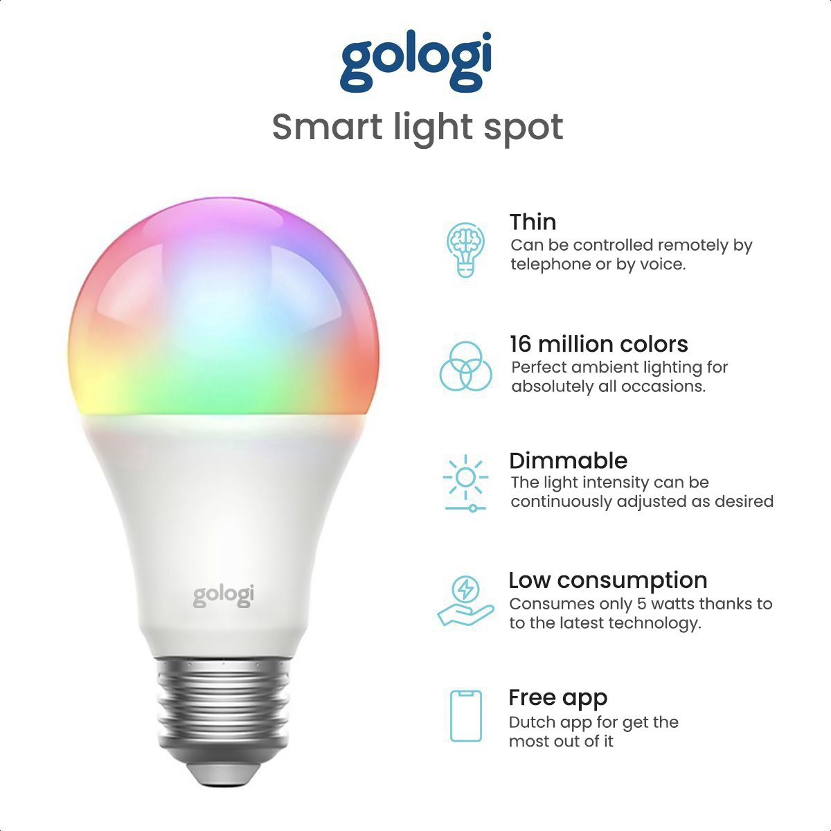 Smart lightbulb, rainbow colors, with text detailing features: dimmable, energy efficient.