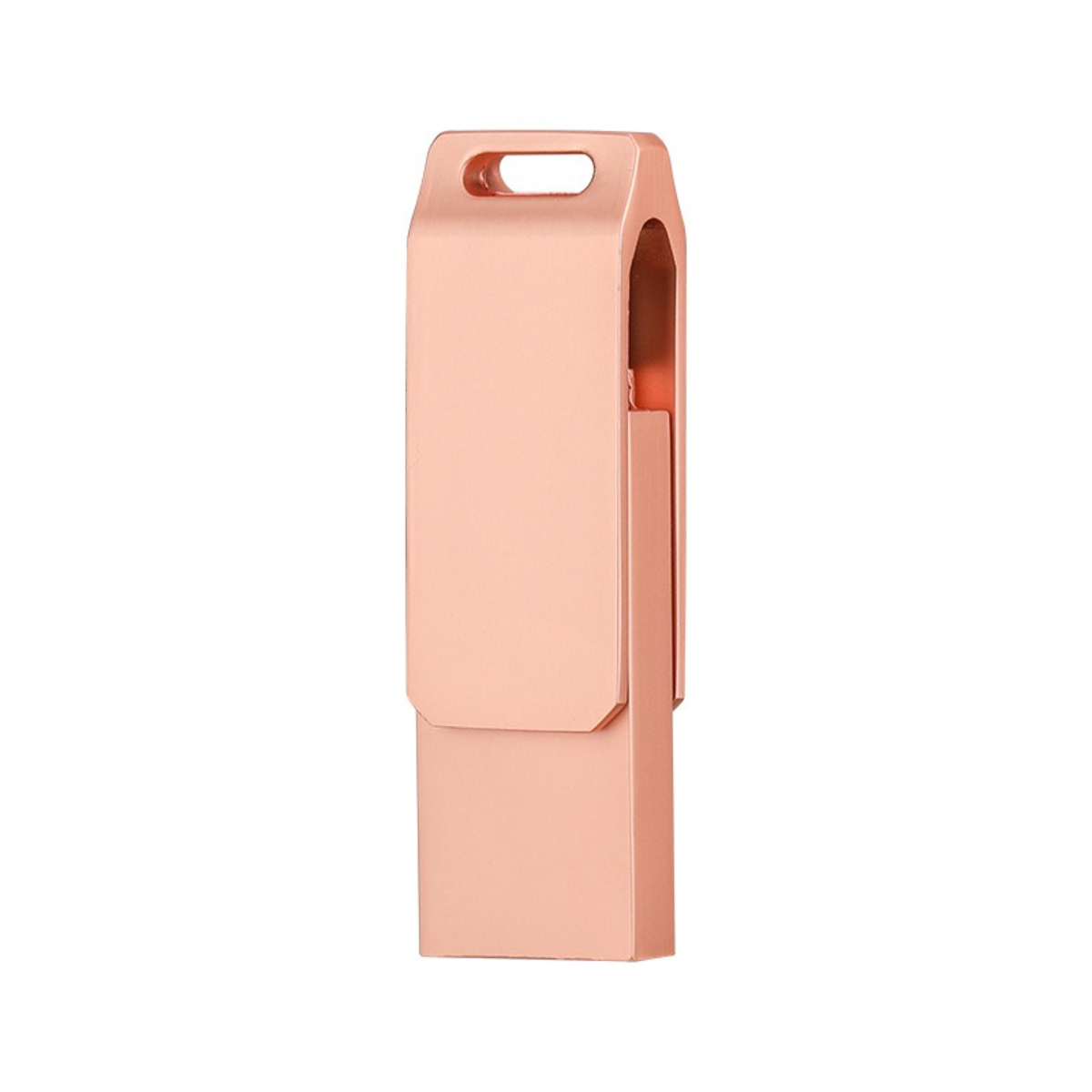Roségoldener USB-Stick mit Schlaufe. Es hat eine metallische Oberfläche.