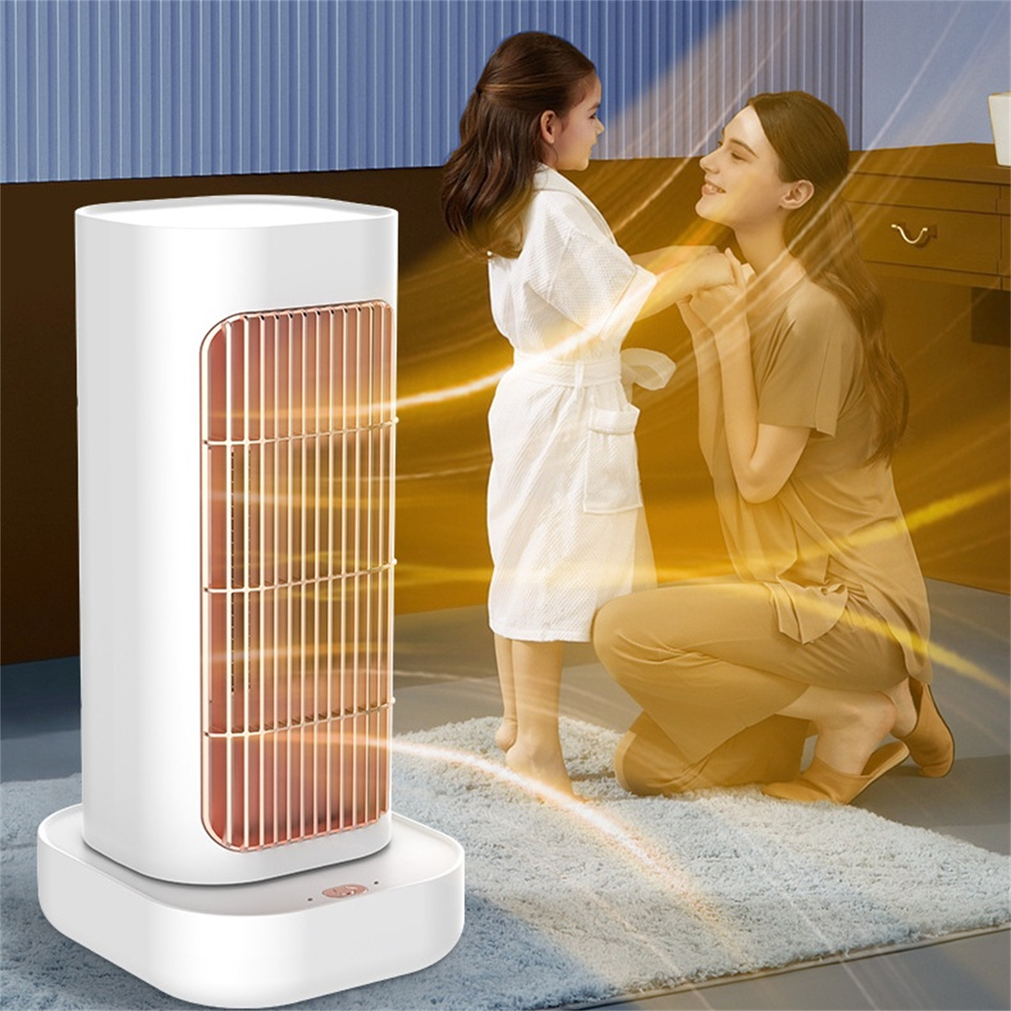Weißer und goldener elektrischer Heizlüfter mit Frau und Kind in der Nähe. Heizung strahlt warmes Licht aus.