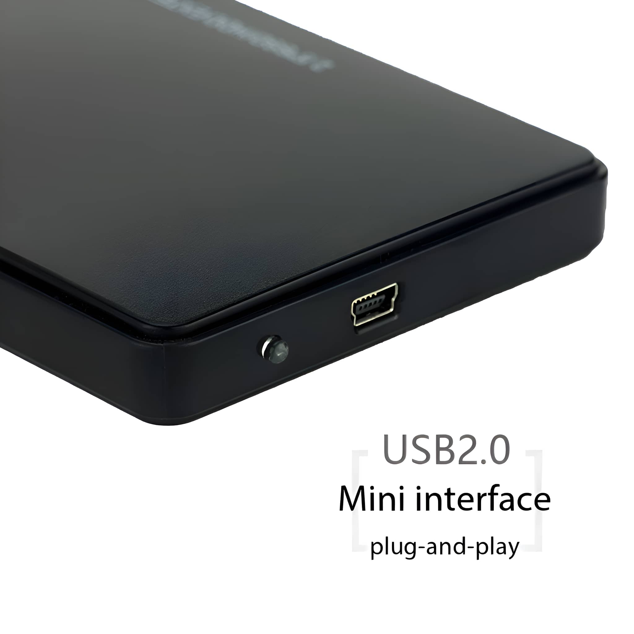 Ein schwarzes Gerät mit einer USB 2.0 Mini-Schnittstelle. Text zeigt Plug-and-Play an.