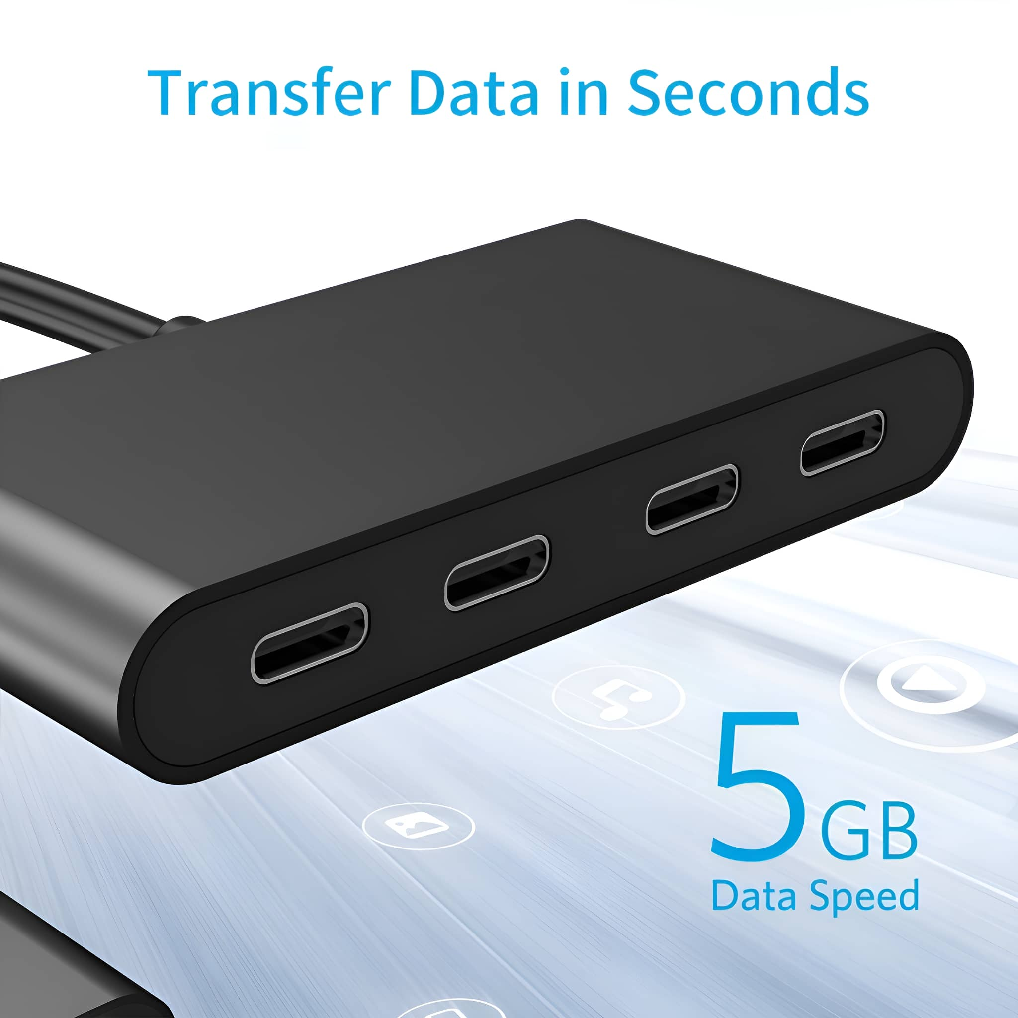 Schwarzer USB-Hub mit vier Anschlüssen. Text zeigt Datenübertragung in Sekunden bei 5 GB Datengeschwindigkeit an.