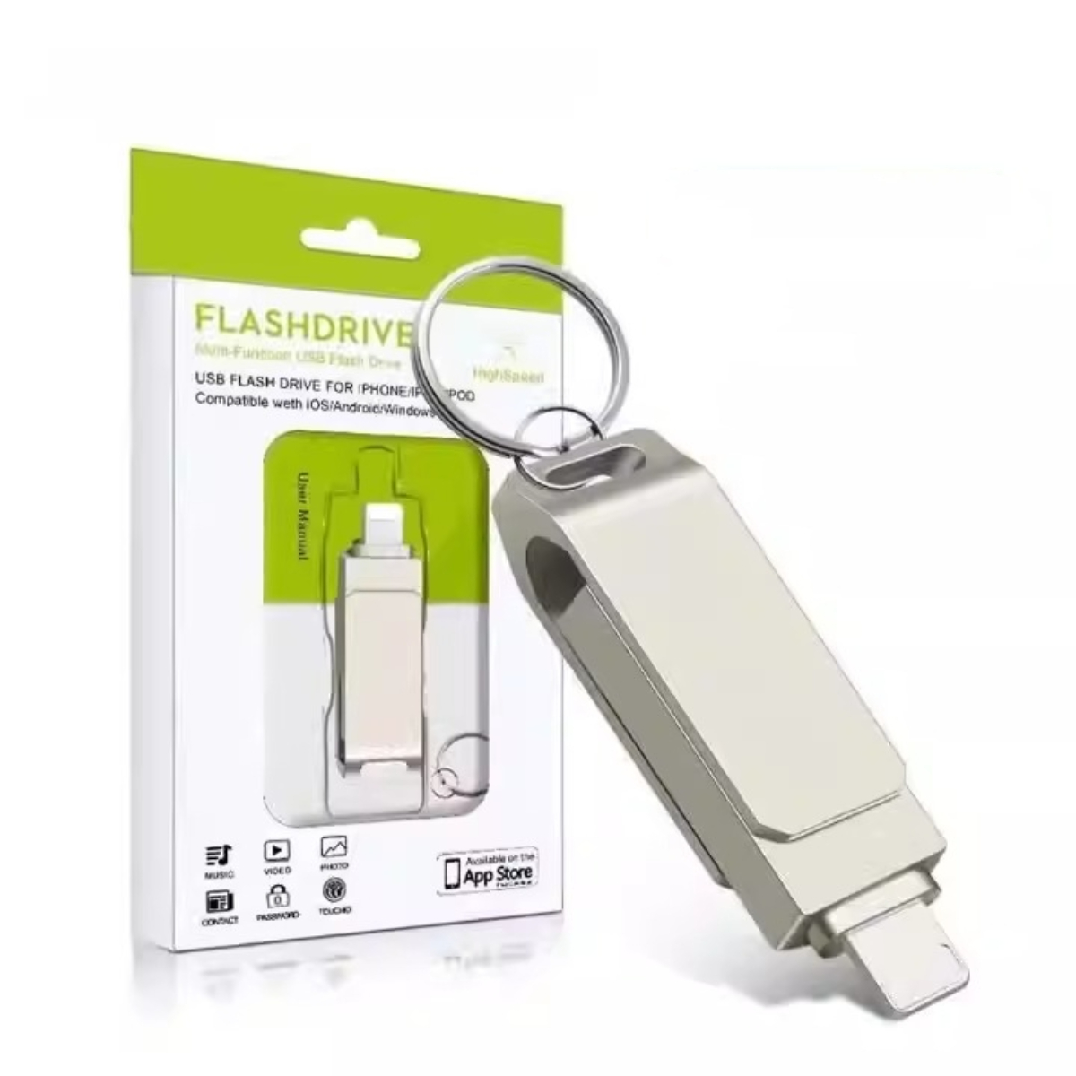 Silberner USB-Stick mit Schlüsselanhänger und einer Box. Die Box ist weiß und grün. Text auf der Box.