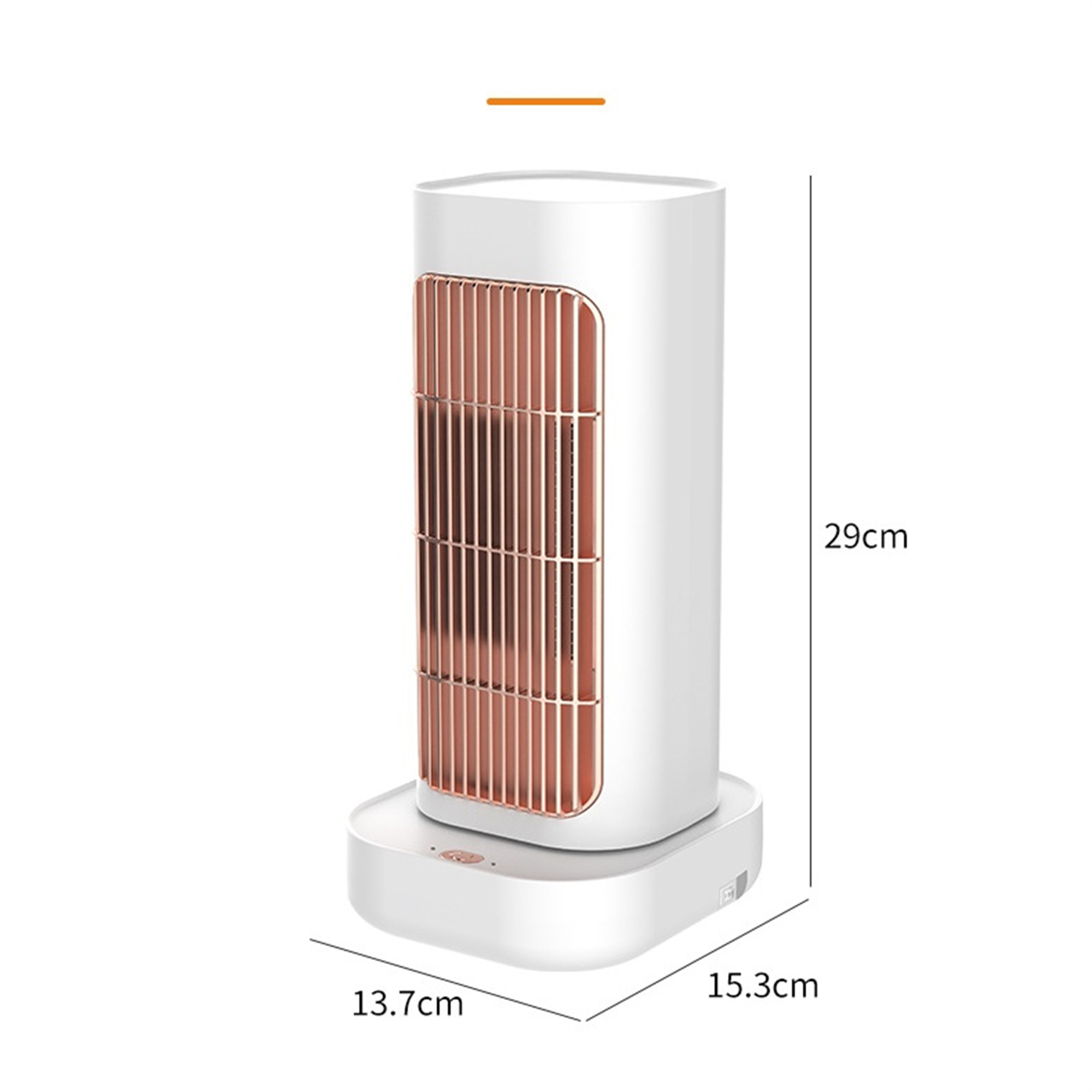 Weißer und kupferfarbener elektrischer Heizlüfter. Er hat einen rechteckigen Sockel und ein hohes, vertikales Design.