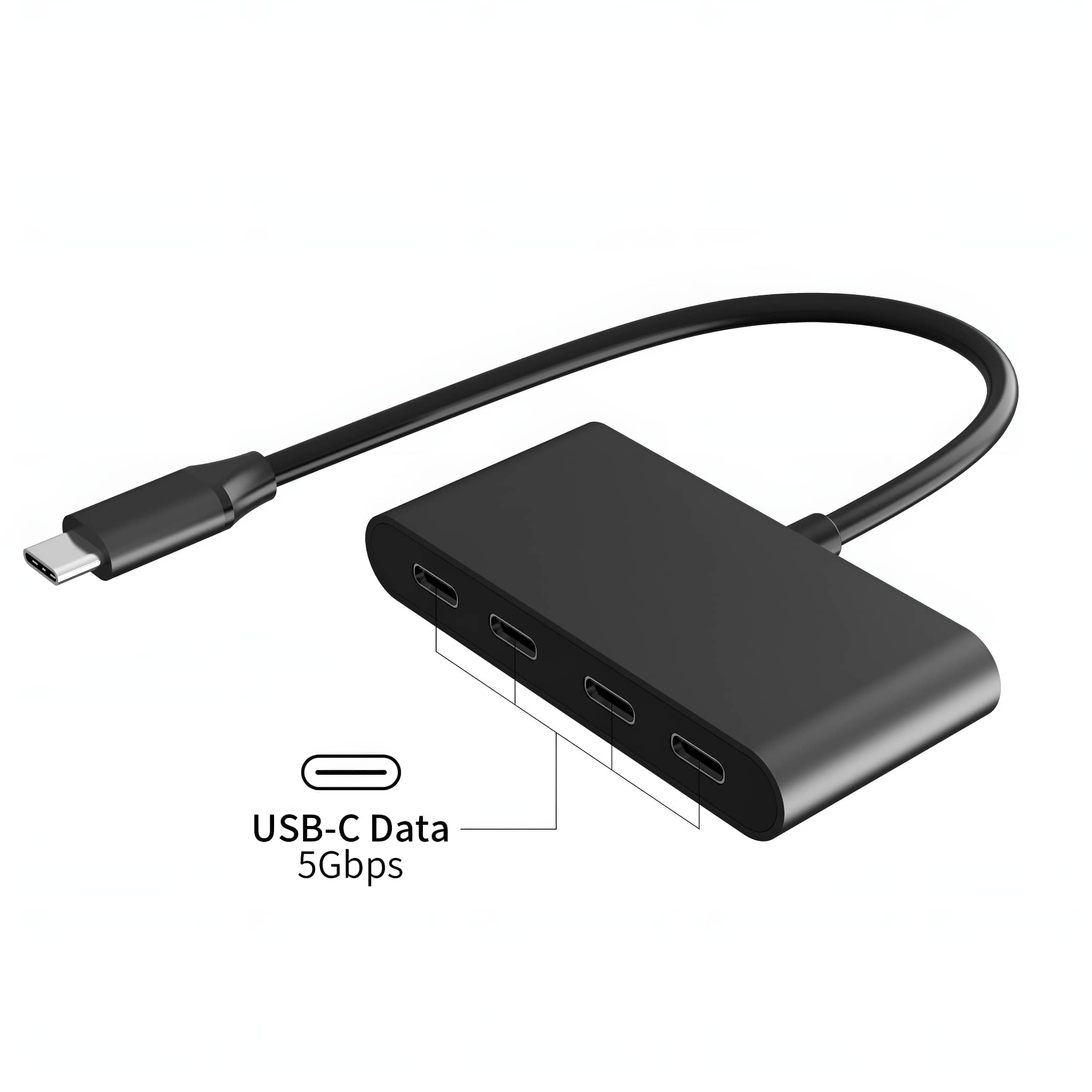 Schwarzer USB-C-Hub mit vier Anschlüssen. Ein Kabel führt zu einem USB-C-Anschluss. Etikett zeigt 5 Gbit/s Daten.