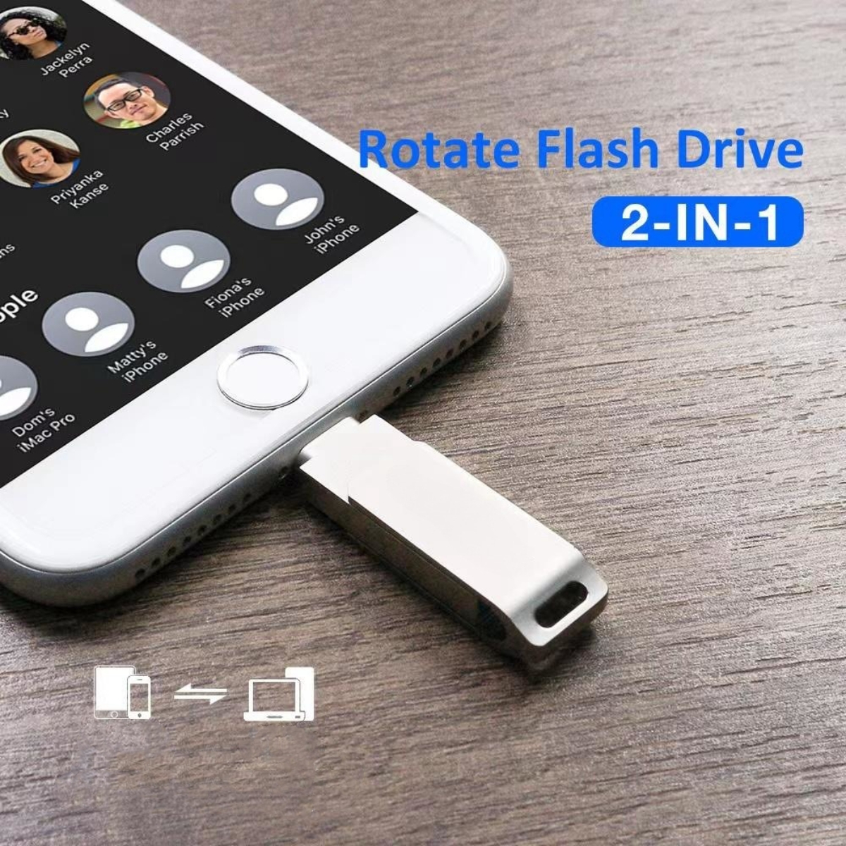 Ein silberner USB-Stick ist an ein Smartphone angeschlossen. Der Text lautet 'Rotate Flash Drive 2-IN-1'.