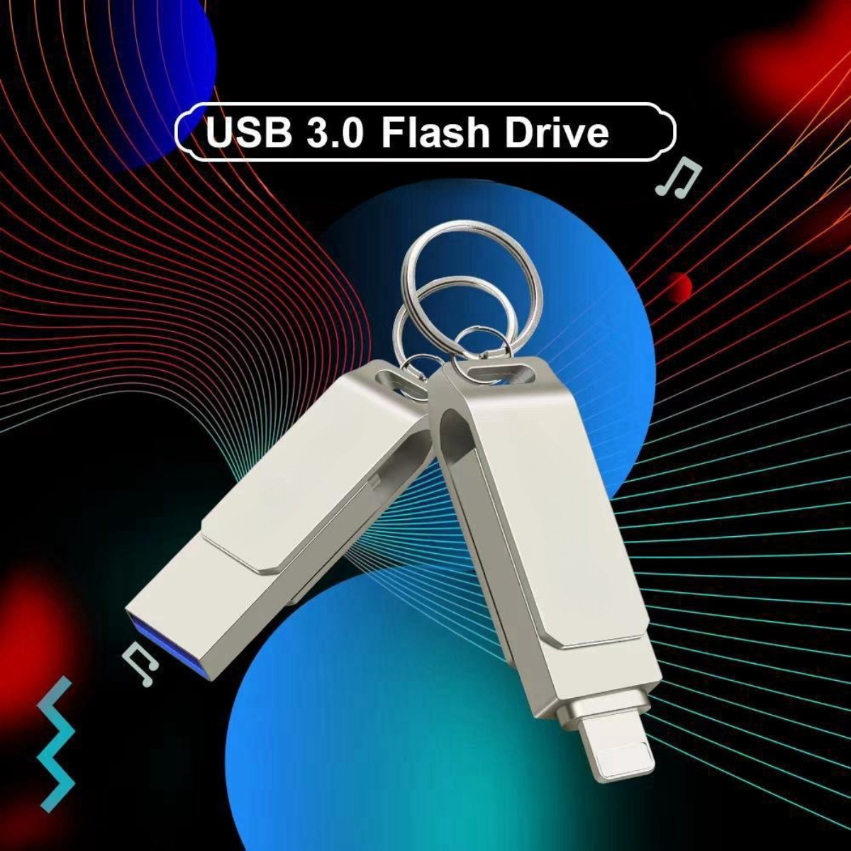 Silberne USB-Flash-Laufwerke mit Schlüsselanhänger. Hintergrund: Noten und abstrakte Linien.
