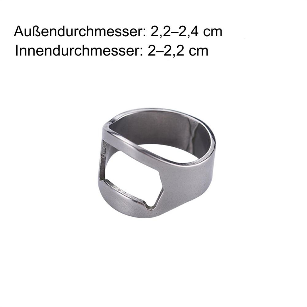 Ein silberner Ring mit Flaschenöffnerform liegt auf weißem Grund. Deutscher Text zeigt Größen.