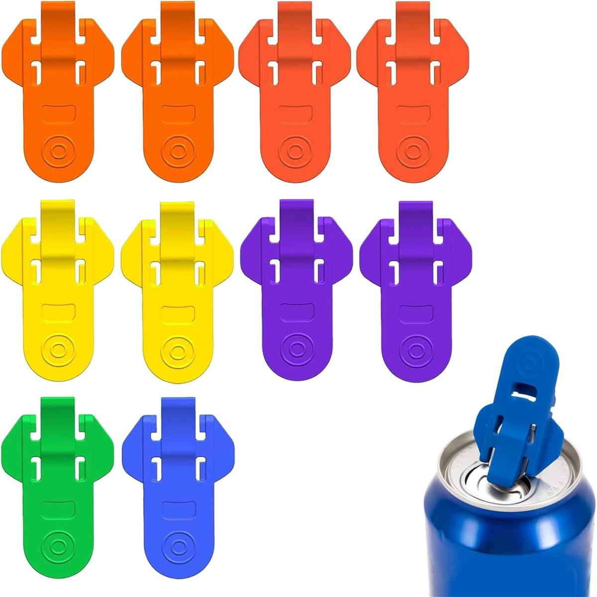 Eine Sammlung von Dosenöffnern in verschiedenen Farben. Ein Öffner ist auf einer blauen Dose zu sehen.