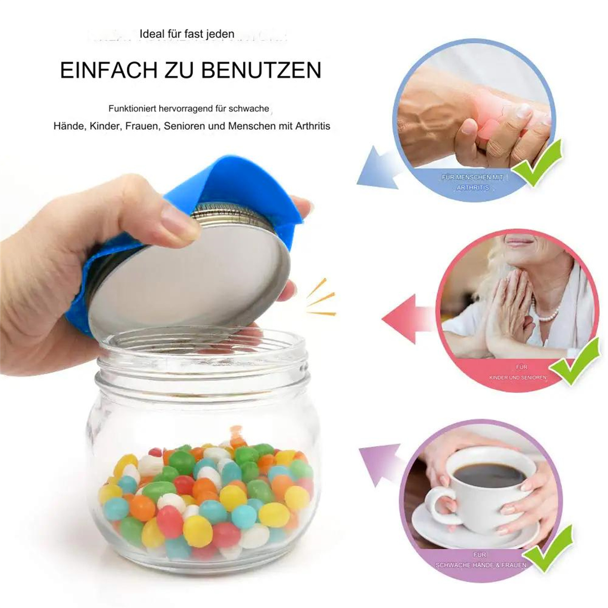 Glas mit Gelee-Bohnen. Bilder für Senioren, Kinder und Arthritis. Blaue Deckelöffner sind auch gezeigt.