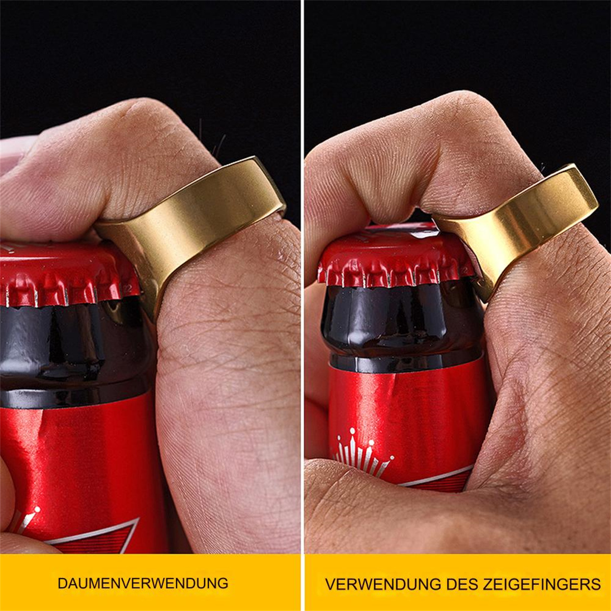 Zwei Bilder: Eine Hand, die ein Ringwerkzeug zum Öffnen einer Bierflasche verwendet, mit unterschiedlichen Fingerplatzierungen.