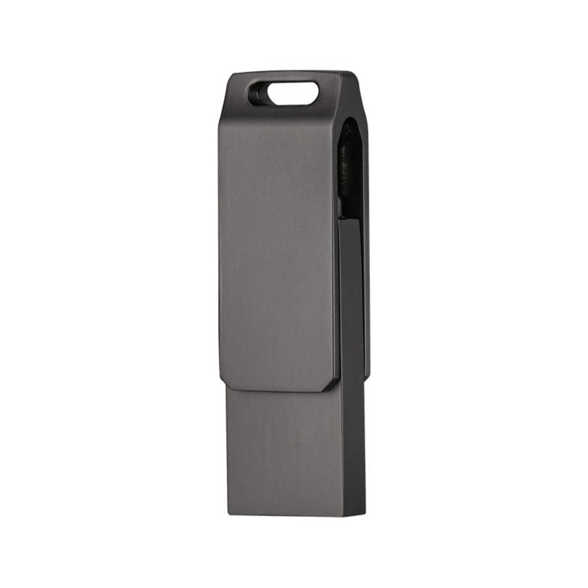 Ein dunkelgrauer USB-Stick. Der Hintergrund ist weiß.