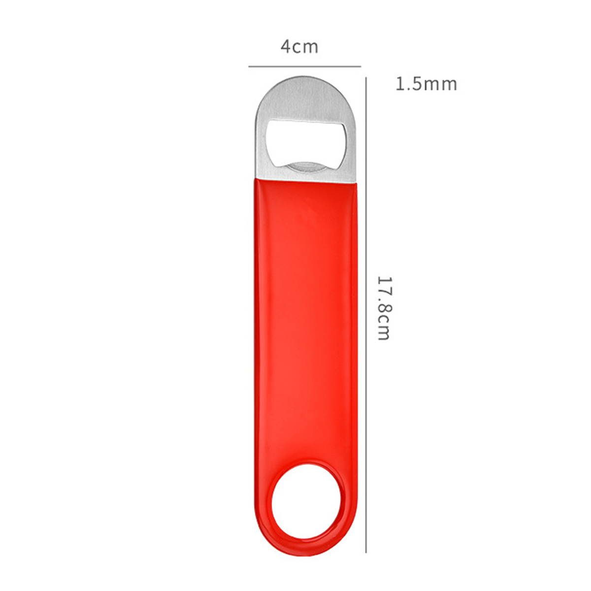 Ein roter Flaschenöffner mit silberner Öffnung, mit den Maßen 17,8 cm lang und 4 cm breit.