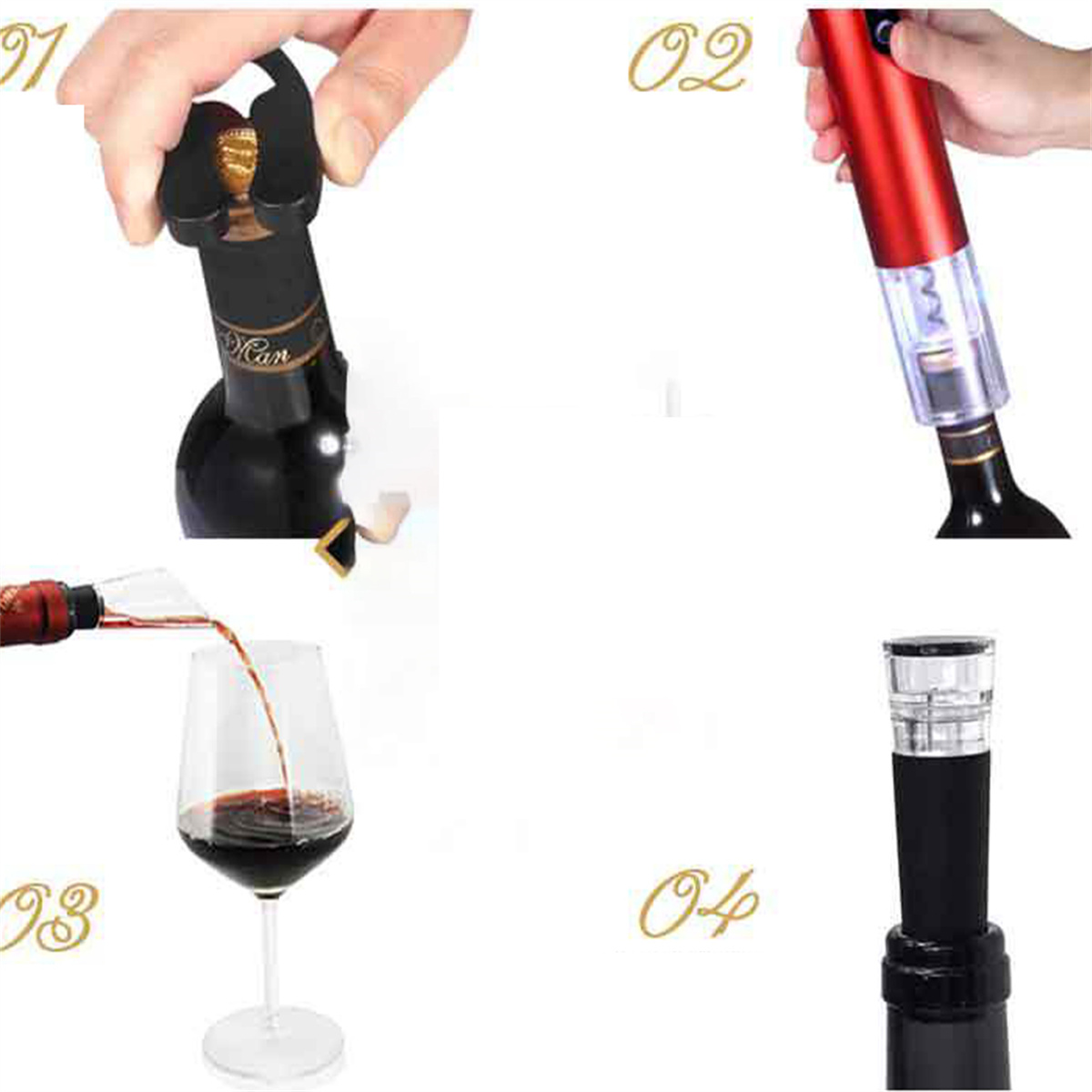 Weinaccessoires: Korkenzieher, Flaschenöffner, Weinausgießer und Weinglas.