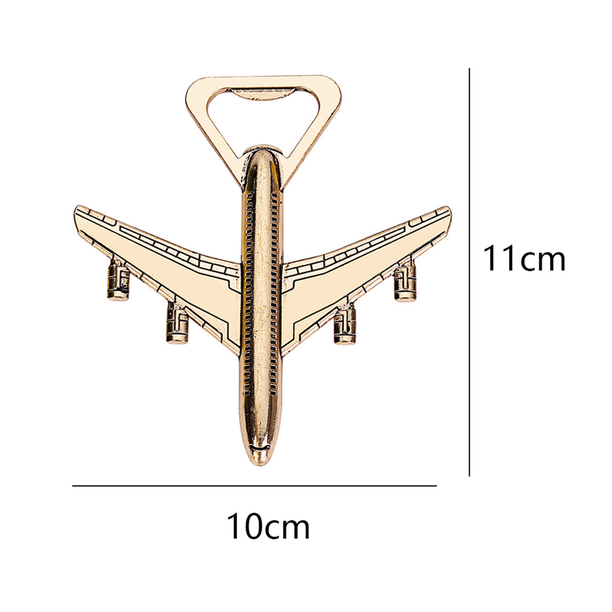 Ein flugzeugförmiger Flaschenöffner aus goldenem Metall. Abmessungen werden angezeigt.
