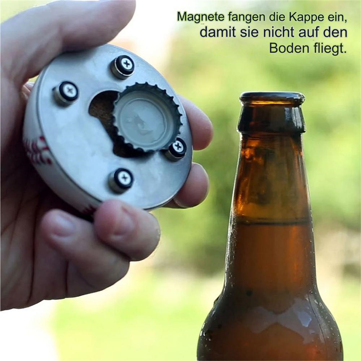 Ein Flaschenöffner mit Baseball-Design wird über einer Bierflasche gehalten. Text auf Deutsch sichtbar.