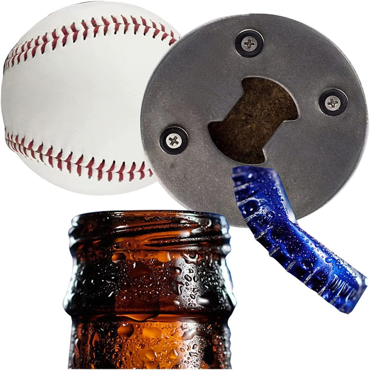Baseball und Flaschenöffner öffnen eine Bierflasche.