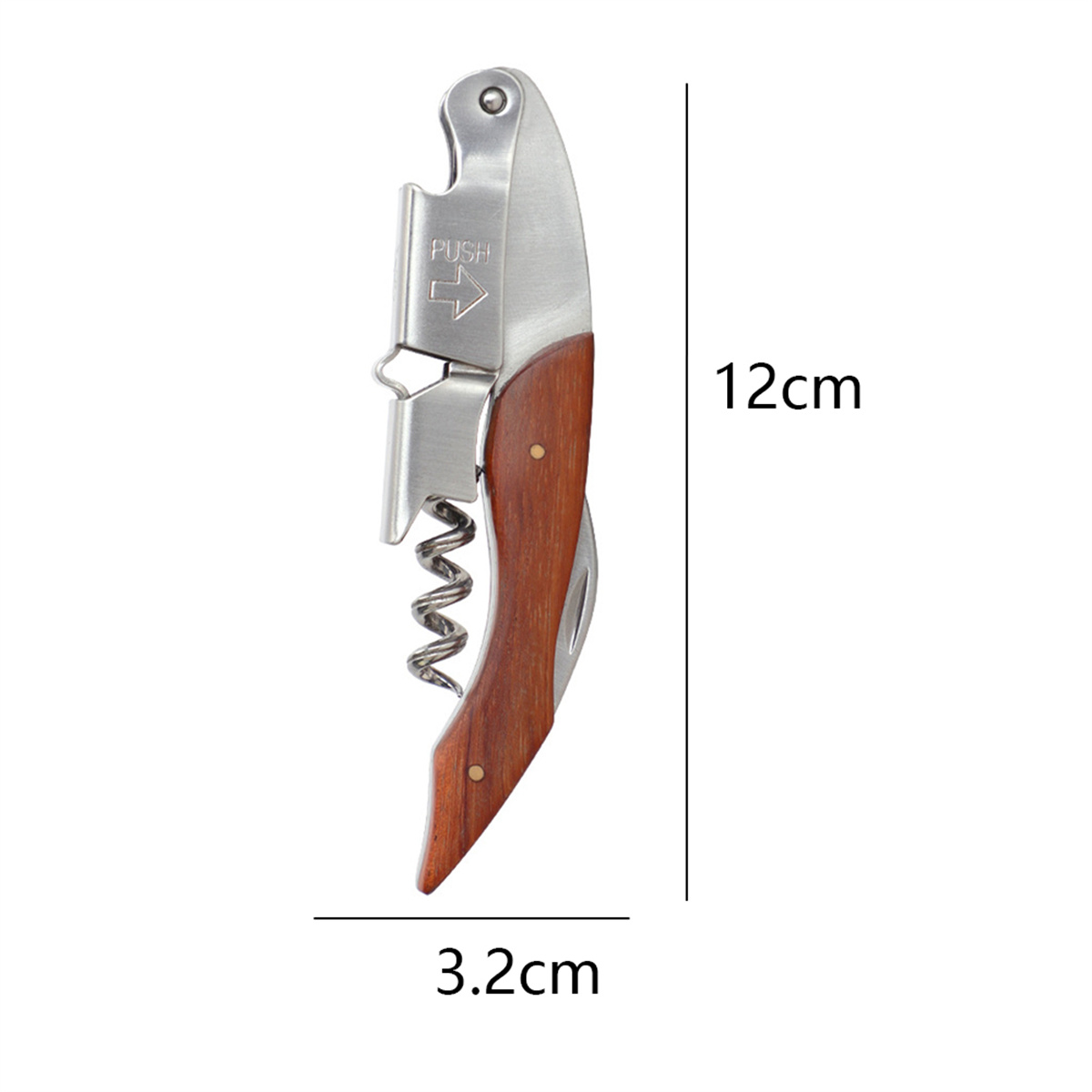 Korkenzieher mit Holzgriff und Silbermetall. Er ist 12 cm lang und 3,2 cm breit.