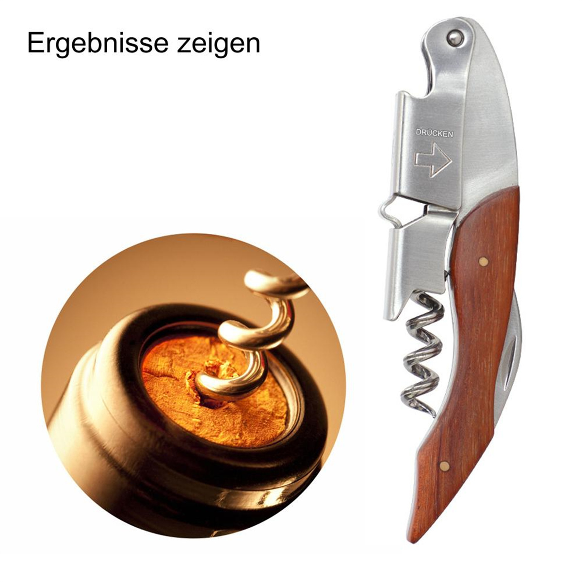 Korkenzieher mit Holzgriff, Nahaufnahme eines aus einer Flasche entfernten Korkens.