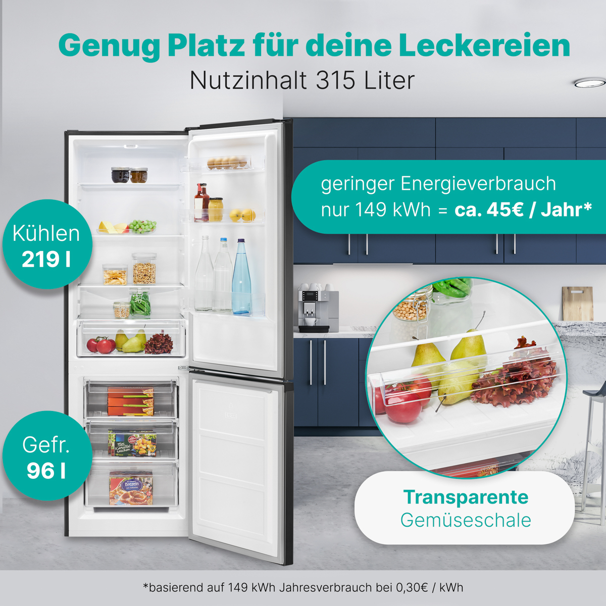 Kühlschrank mit offenen Türen, zeigt Lebensmittel. Text hebt Speicherkapazität hervor.