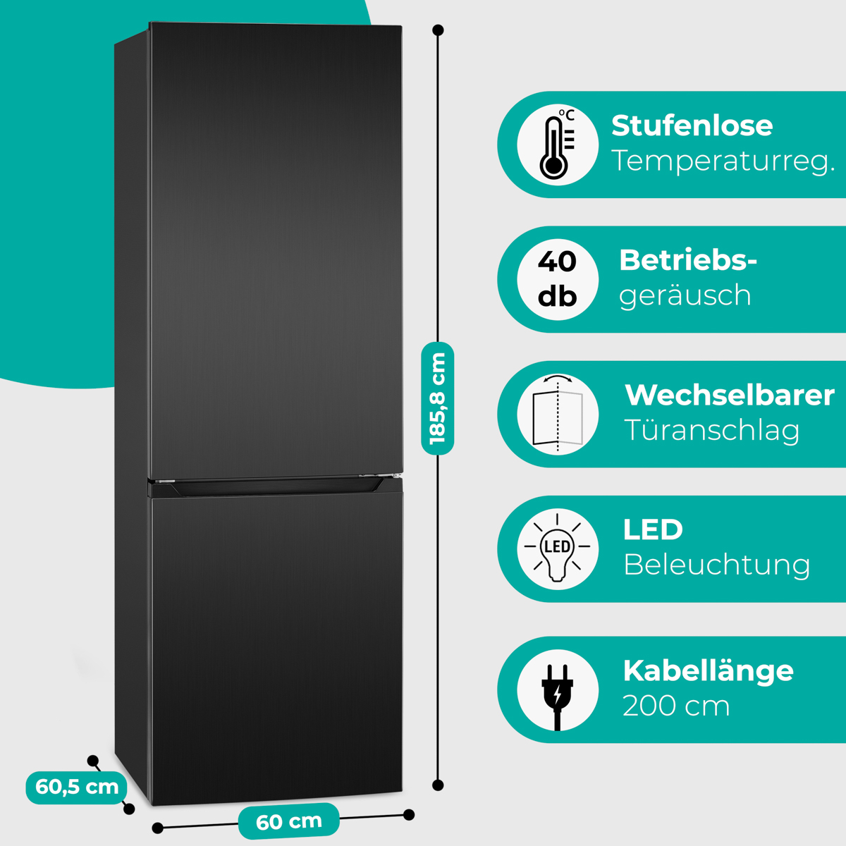 Schwarzer Kühlschrank mit Abmessungen. Es hat zwei Türen. Text mit Maßen und Funktionen ist rechts.