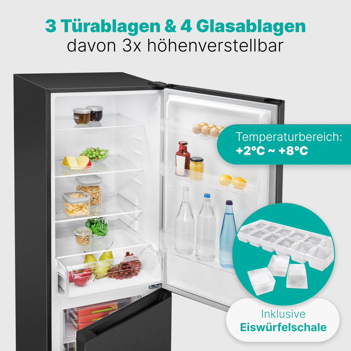 Kühlschrank mit Regalen, die Lebensmittel und Eiswürfelschale enthalten.