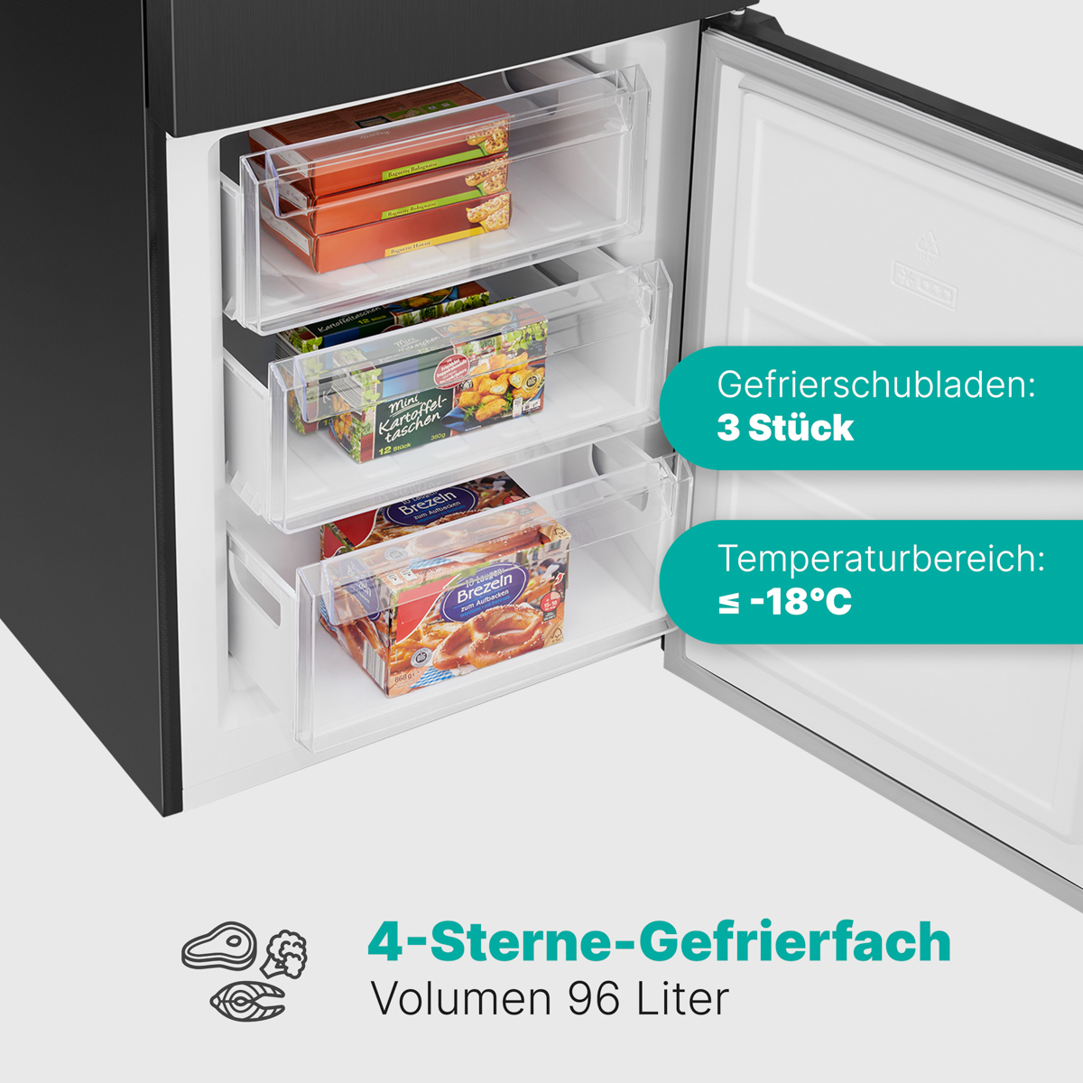 Kühlschrankinnenraum mit Tiefkühlkost in drei Schubladen. Text beschreibt Funktionen.