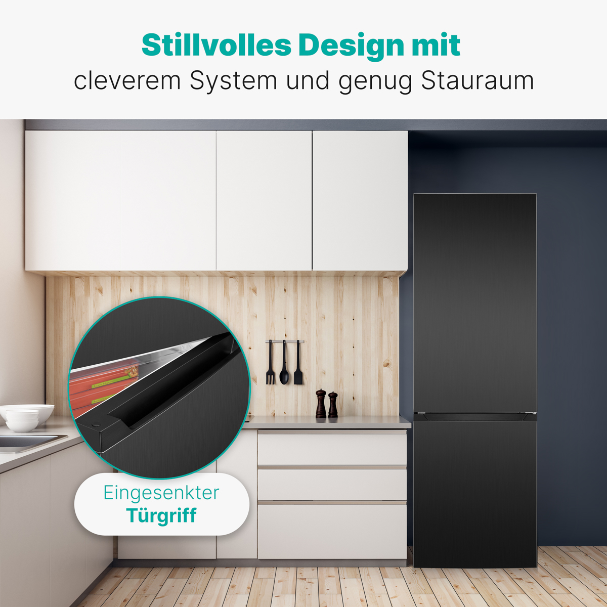 Moderne Küche mit schwarzem Kühlschrank, weißem Schrank und Holzplatte.
