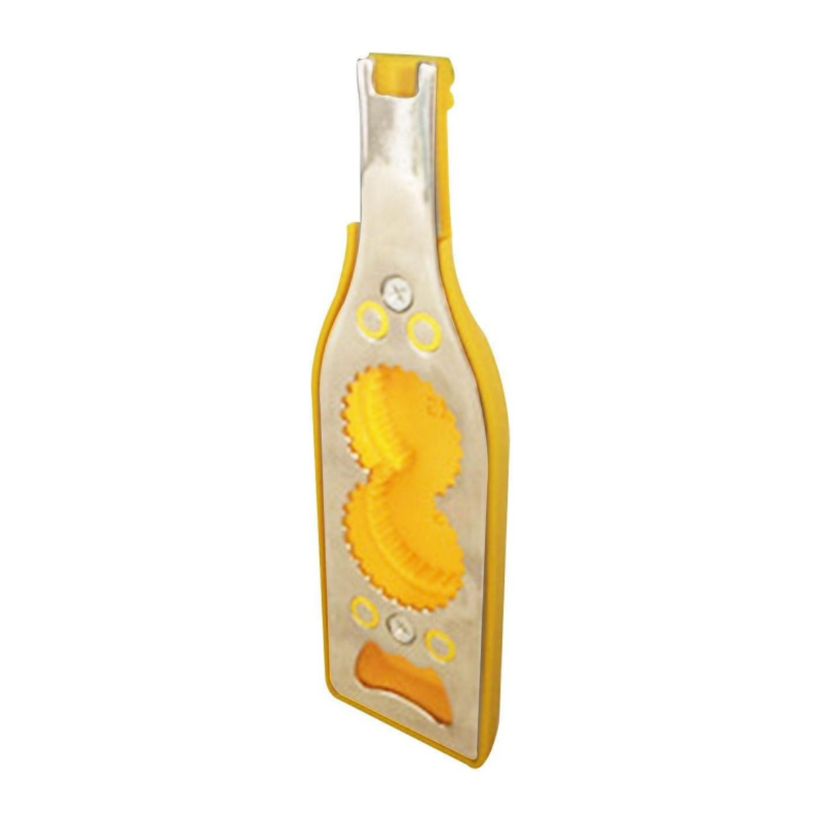Gelber Flaschenöffner in Form einer Flasche. Es hat ein gelbes und silbernes Design.