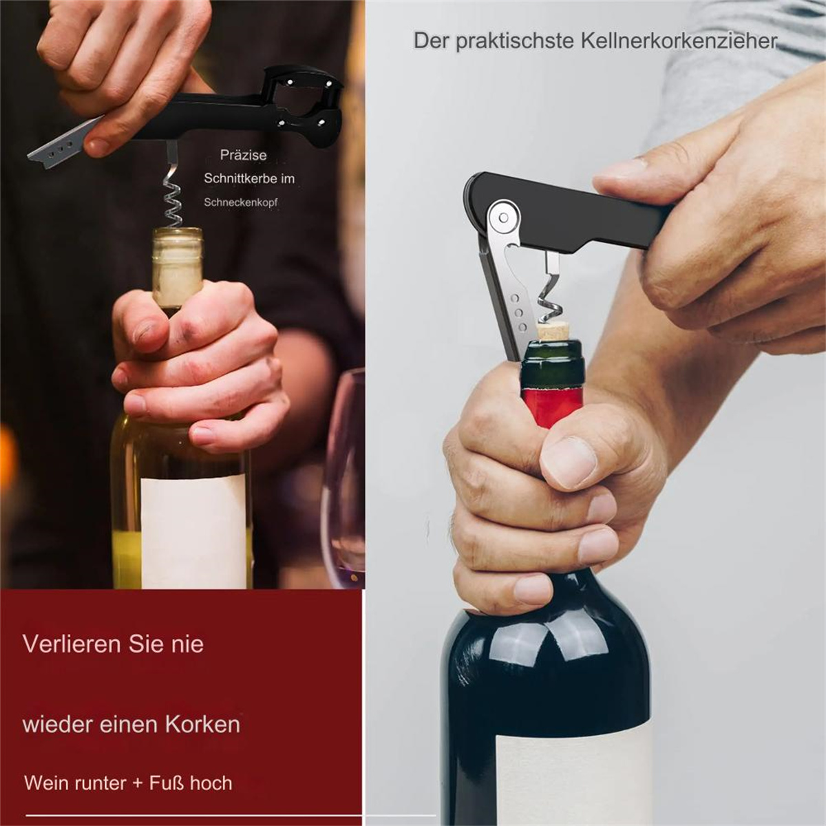 Hände, die einen schwarzen Korkenzieher verwenden, um eine Weinflasche zu öffnen. Die Flasche ist rot und grün, der Korkenzieher ist schwarz.
