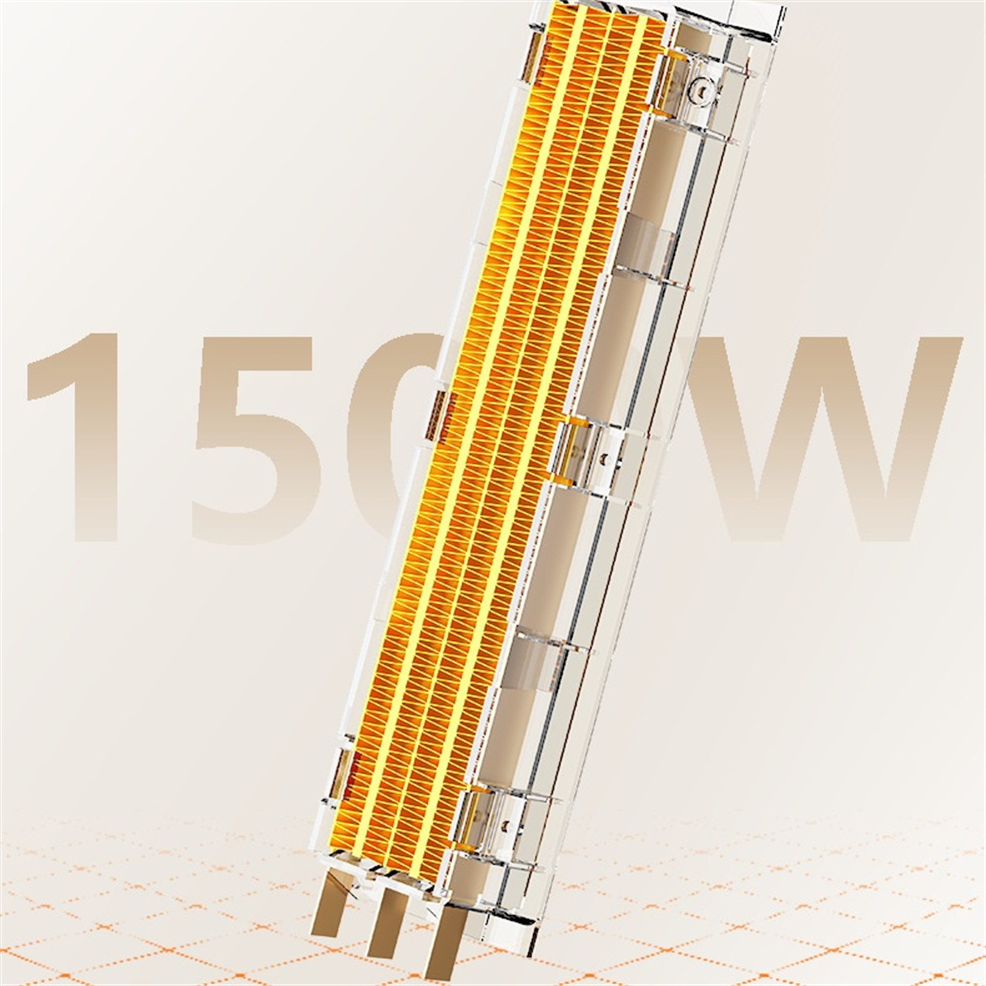 Ein geteiltes Bild eines Heizelements mit dem Text '150W' im Hintergrund.