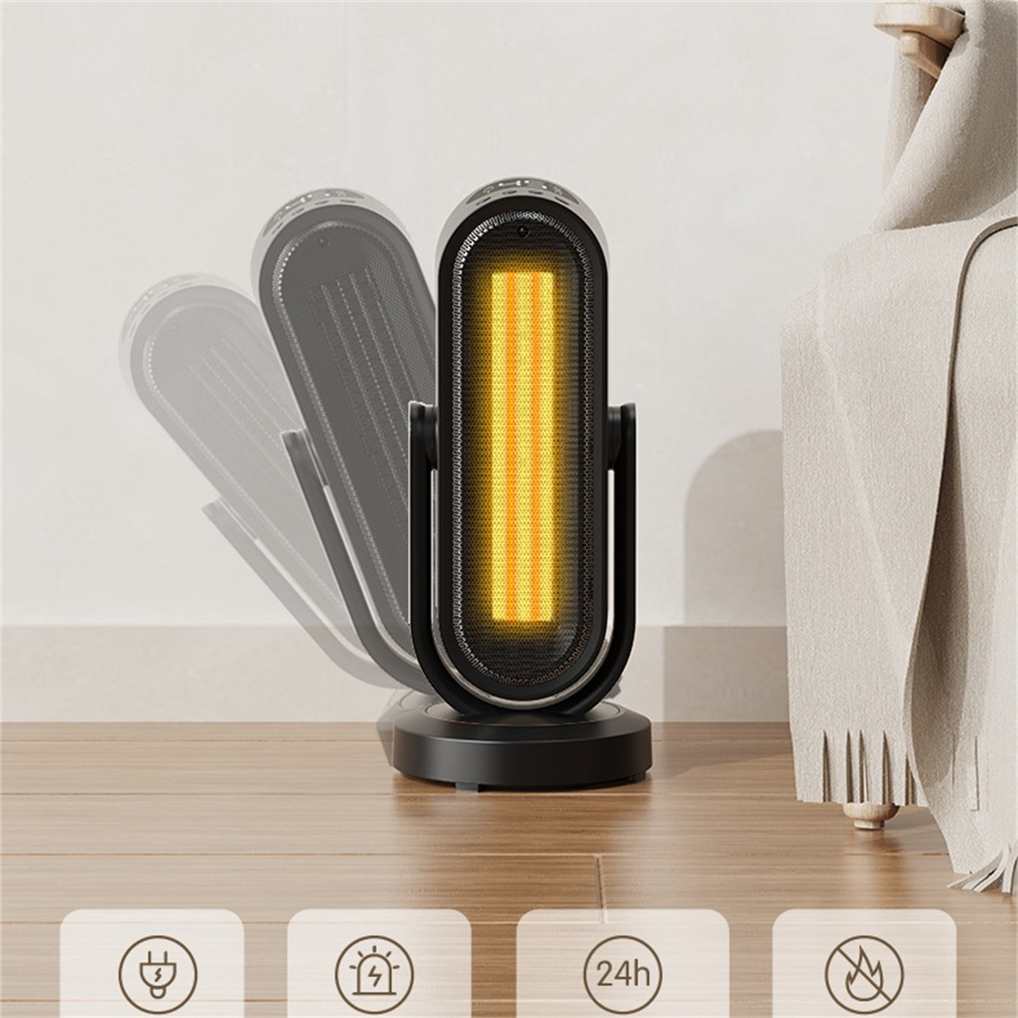 Schwarzer Elektroheizer mit Richtungsdesign. Er steht auf einem Holzboden und hat darunter Symbole.
