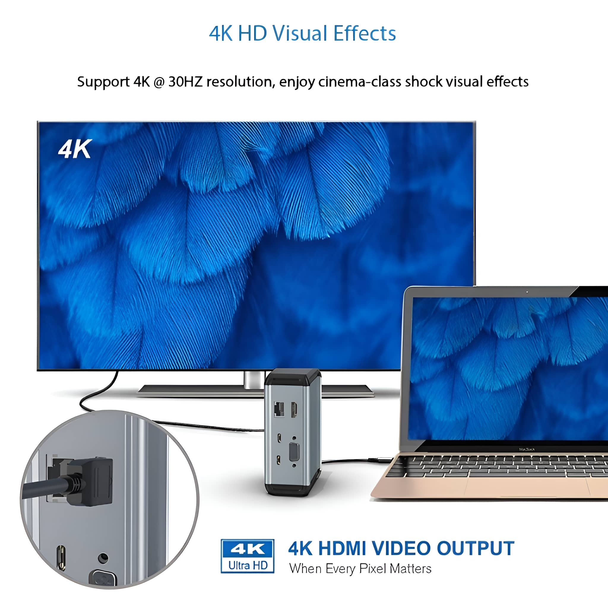 4K HDMI-Videoausgangs-Setup: ein Monitor, ein Laptop und ein silbernes Gerät, verbunden durch Kabel.