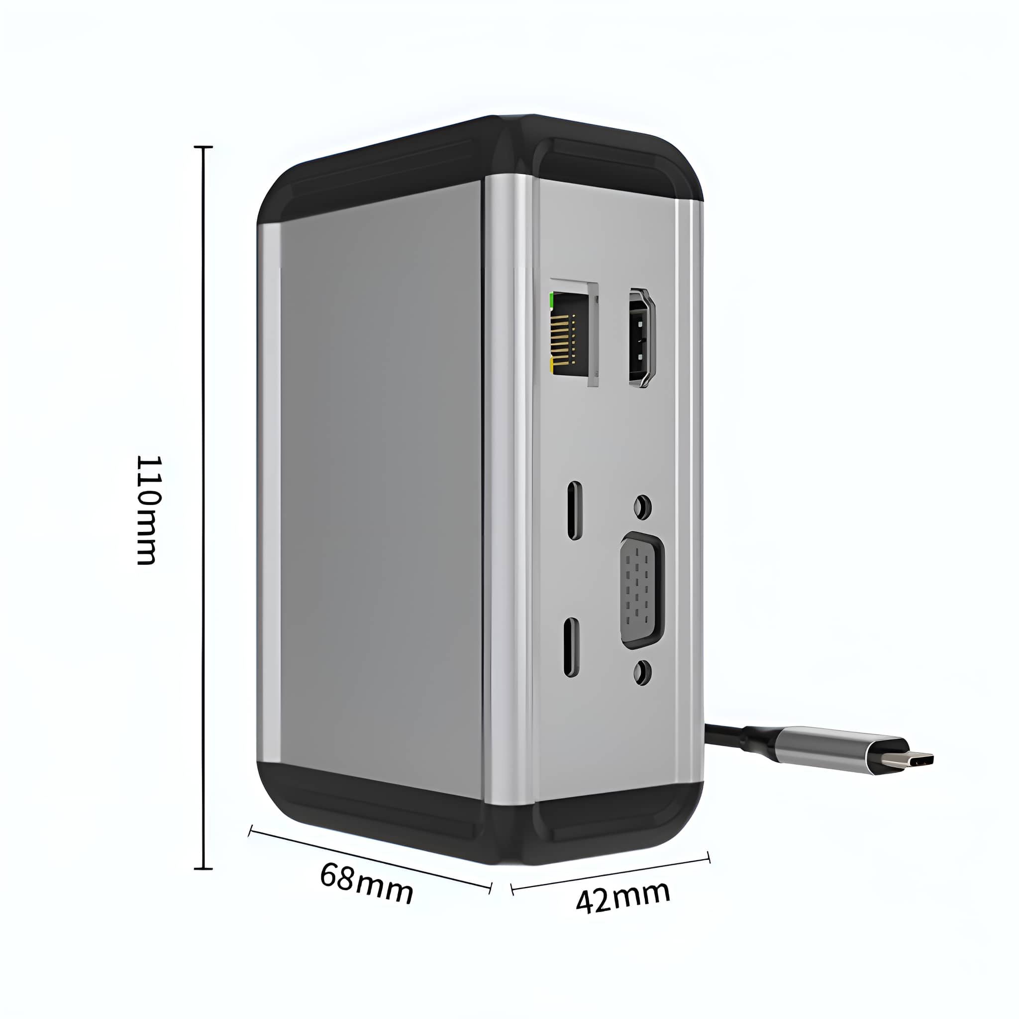 Silbernes und schwarzes Gerät mit Anschlüssen: Ethernet, HDMI, USB-C, VGA. Abmessungen: 110x68x42mm. Weißer Hintergrund.