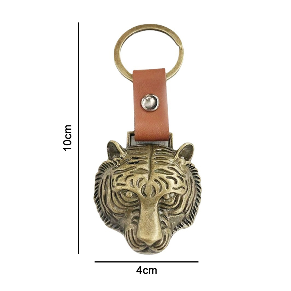 Ein Schlüsselanhänger mit einem Tigerkopf aus Bronze an einem Lederriemen. Maße sind angegeben.