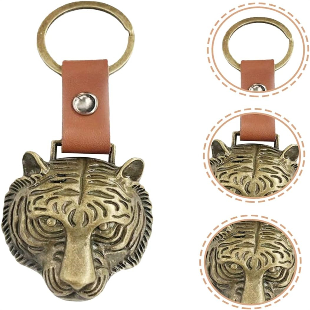 Ein goldfarbener Tigerkopf-Schlüsselanhänger mit braunem Lederband und mehreren Ansichten.