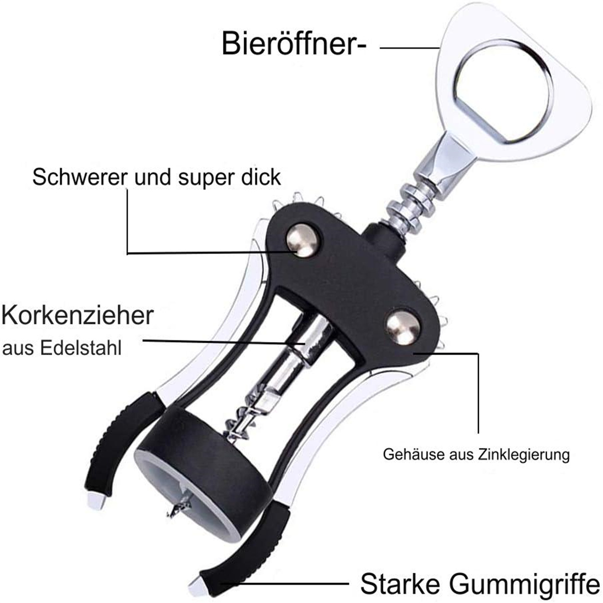 Ein silberner Korkenzieher mit schwarzen Griffen und Text auf Deutsch. Er hat einen Flaschenöffner.