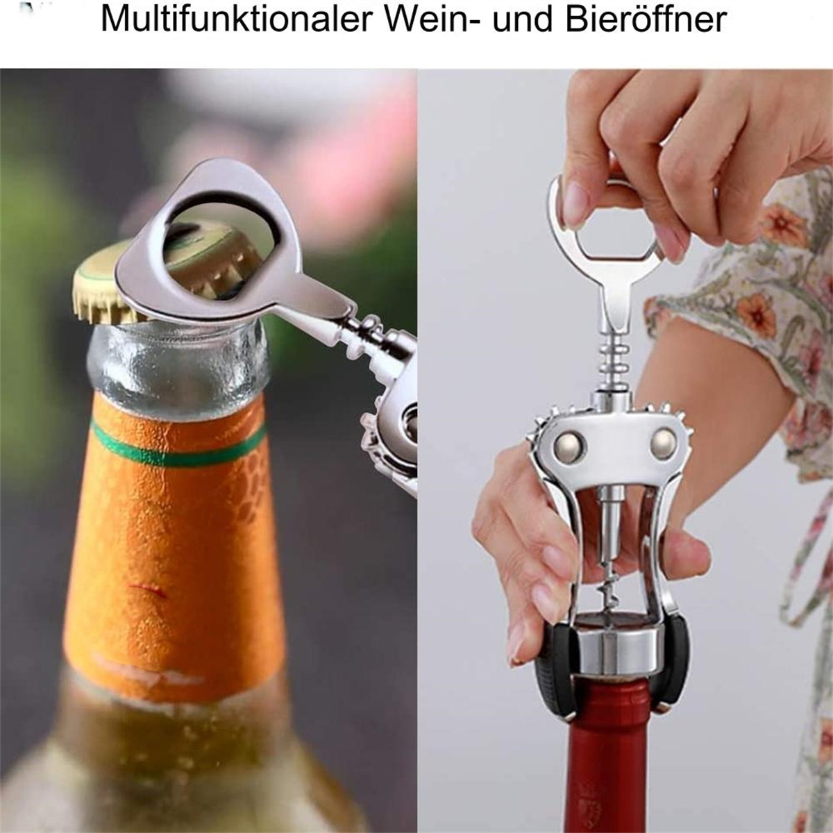 Ein Flaschenöffner und ein Korkenzieher. Einer öffnet Bier, der andere Wein.