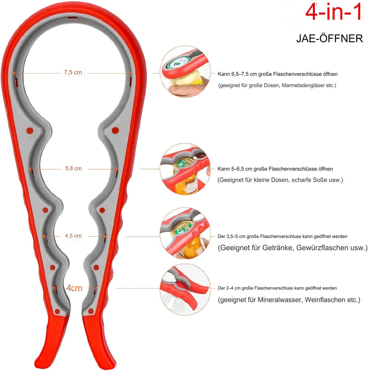 Ein roter und grauer 4-in-1-Flaschenöffner mit Maßen und Diagrammen auf Deutsch.