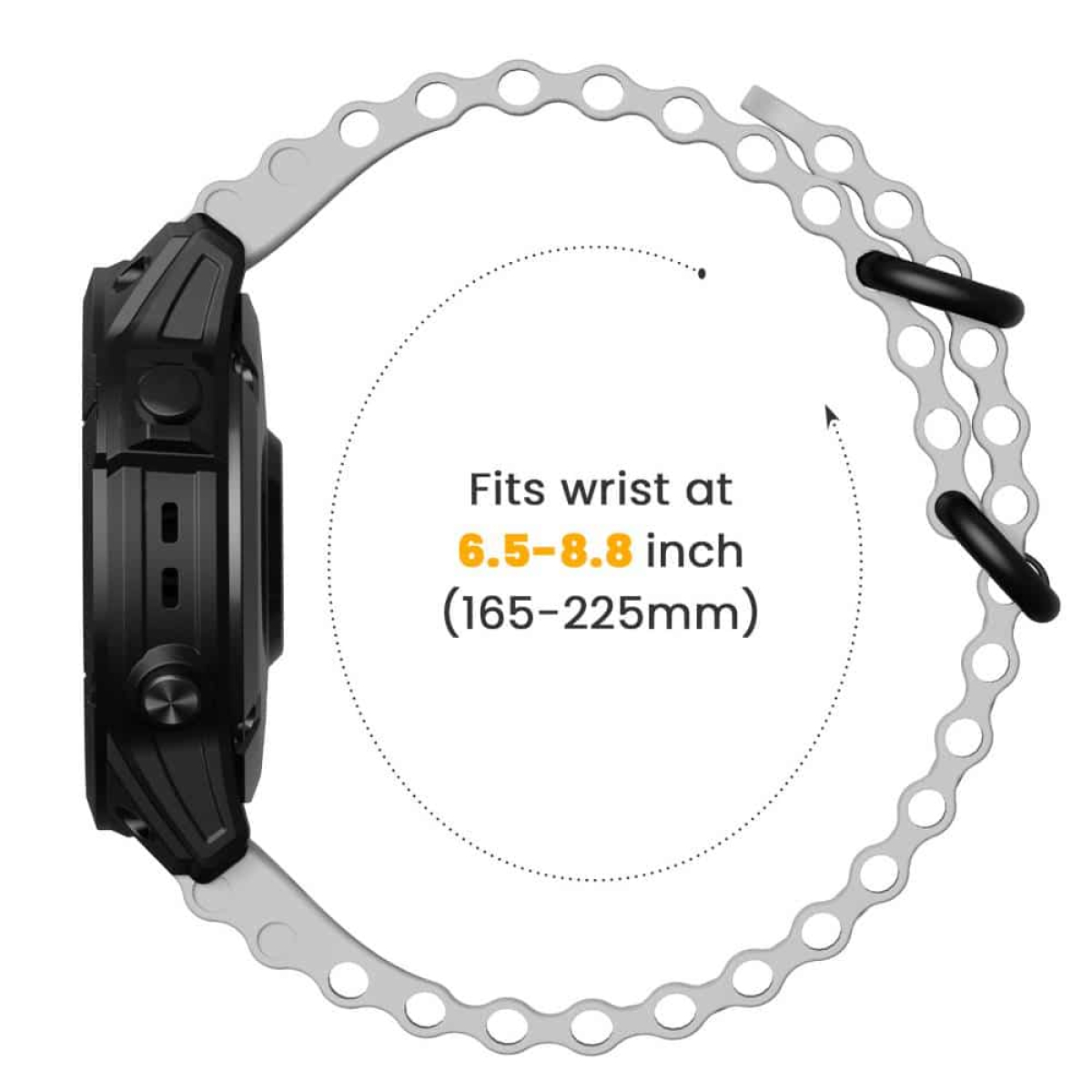 Schwarze und graue Smartwatch mit grauem Armband. Text zeigt Handgelenkgröße 6,5-8,8 Zoll.